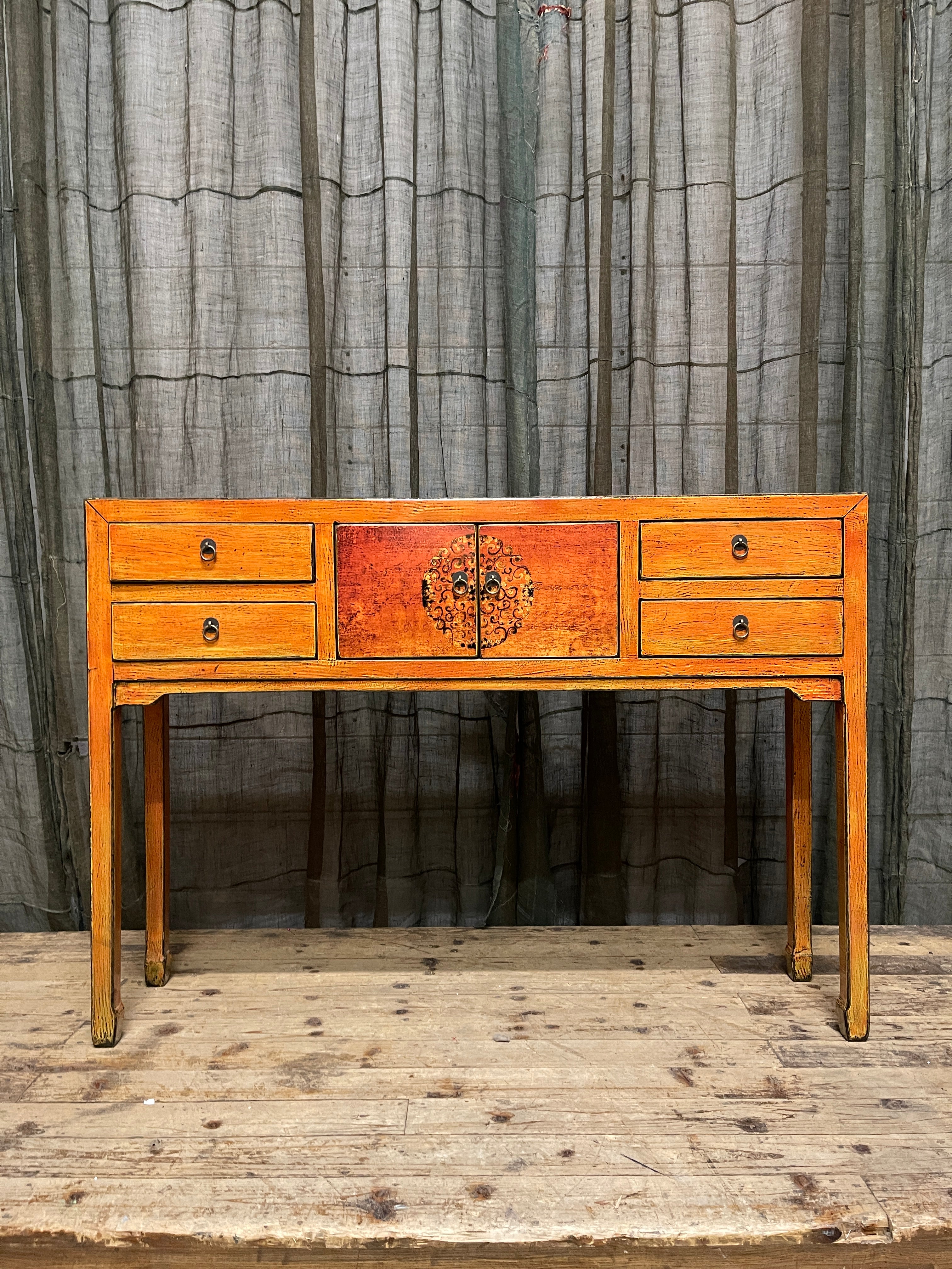 Chinese Orange Lacquered Hall Table, Floral Medallion