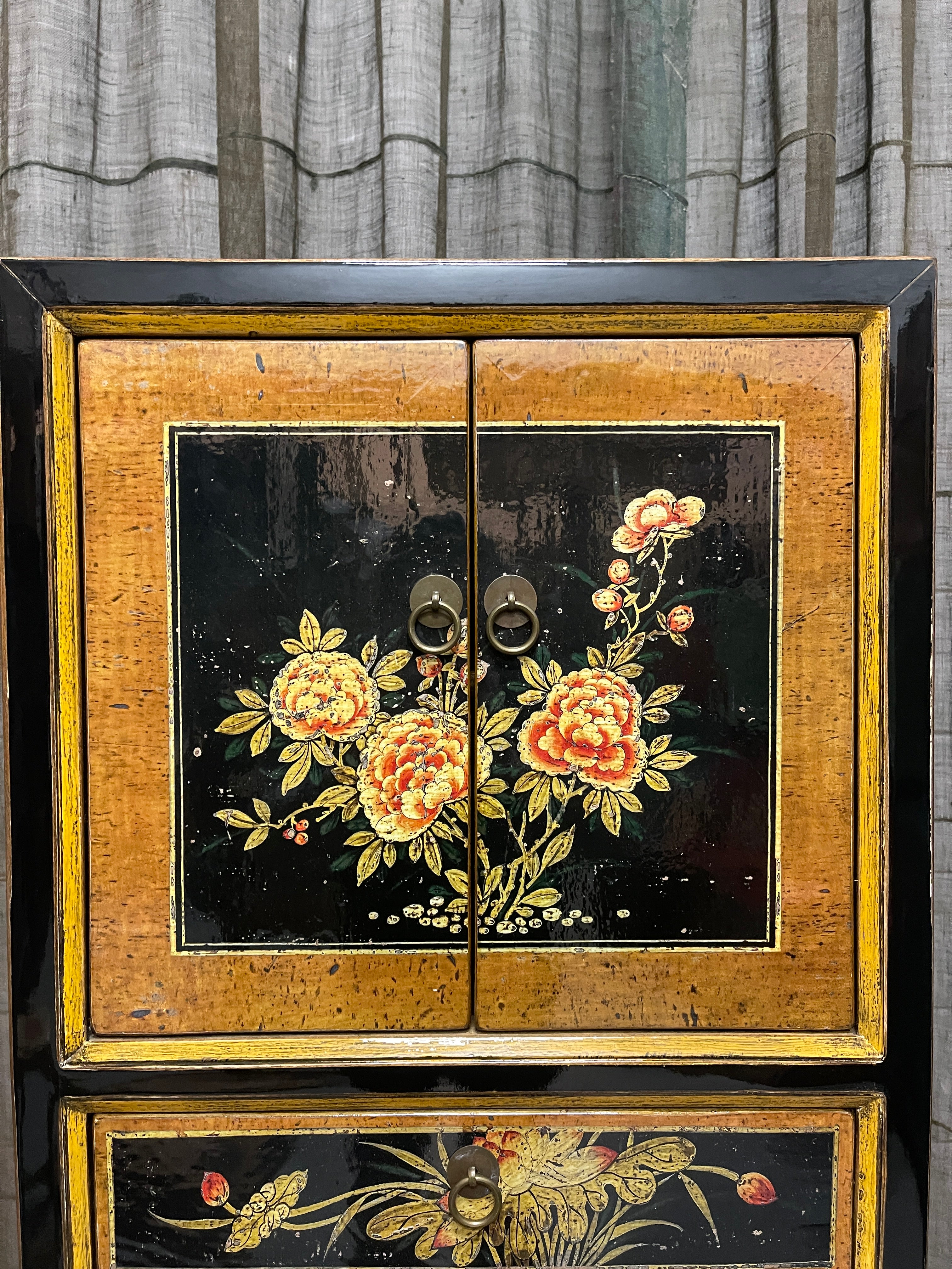 Chinese Black Lacquered Storage Cabinet, Floral Panels