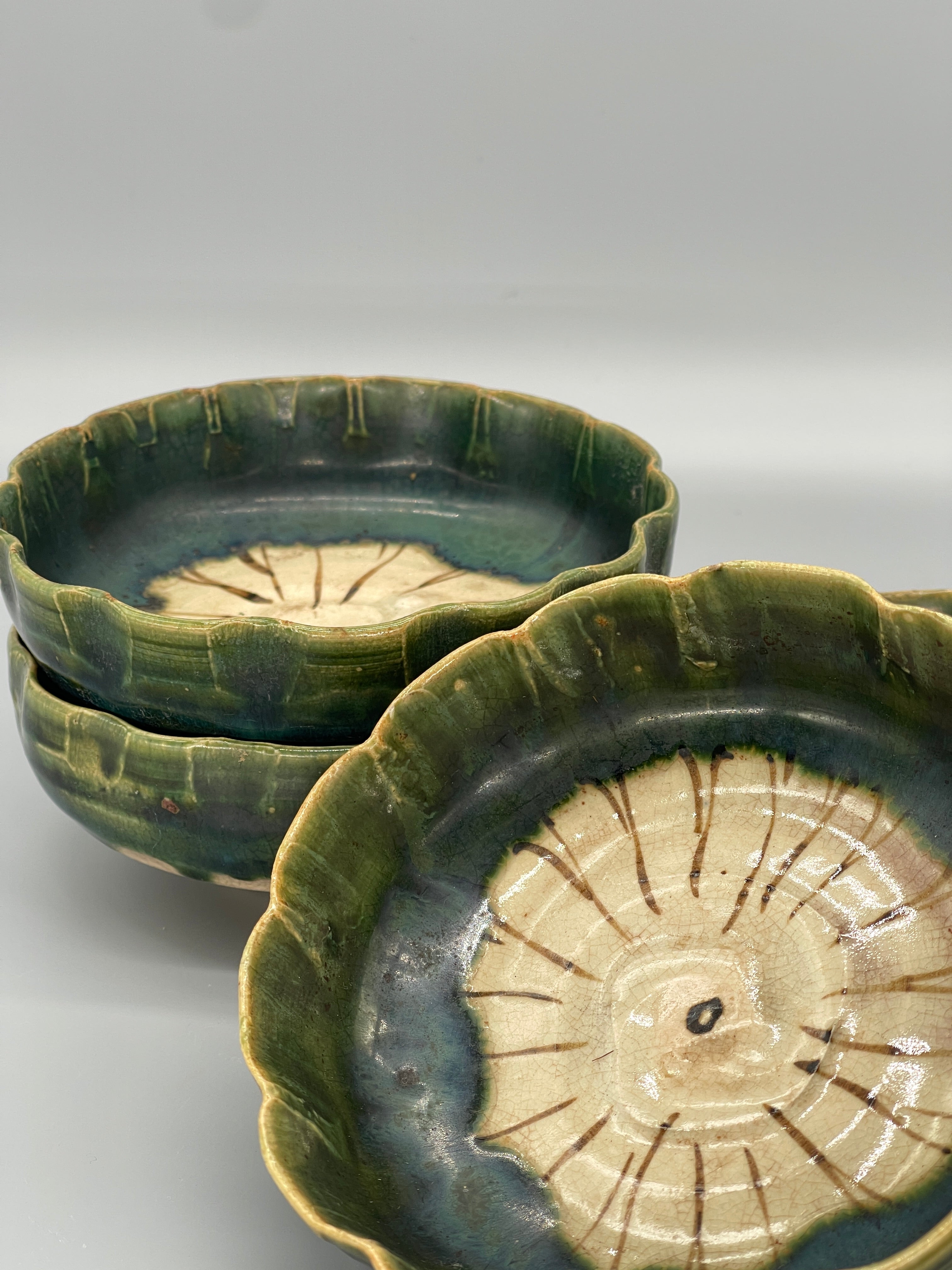 Vintage Japanese Side Dish Plates, Oribe Glaze