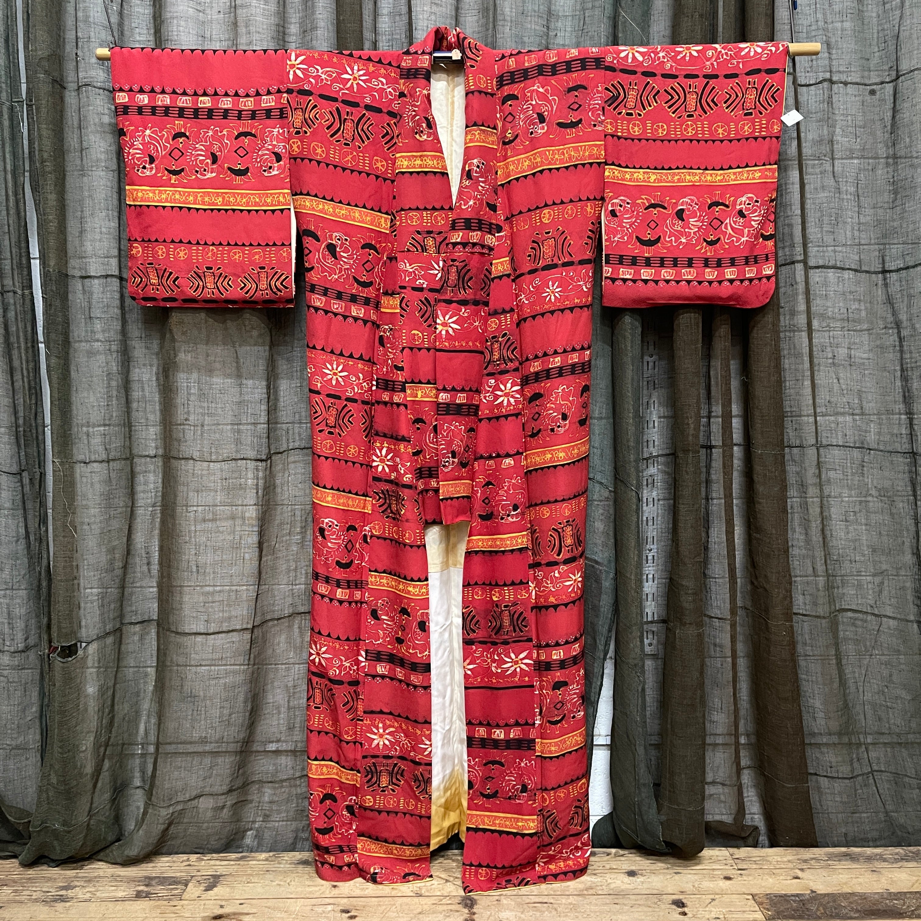 Vintage Japanese Silk Kimono | Geometric & Floral Pattern