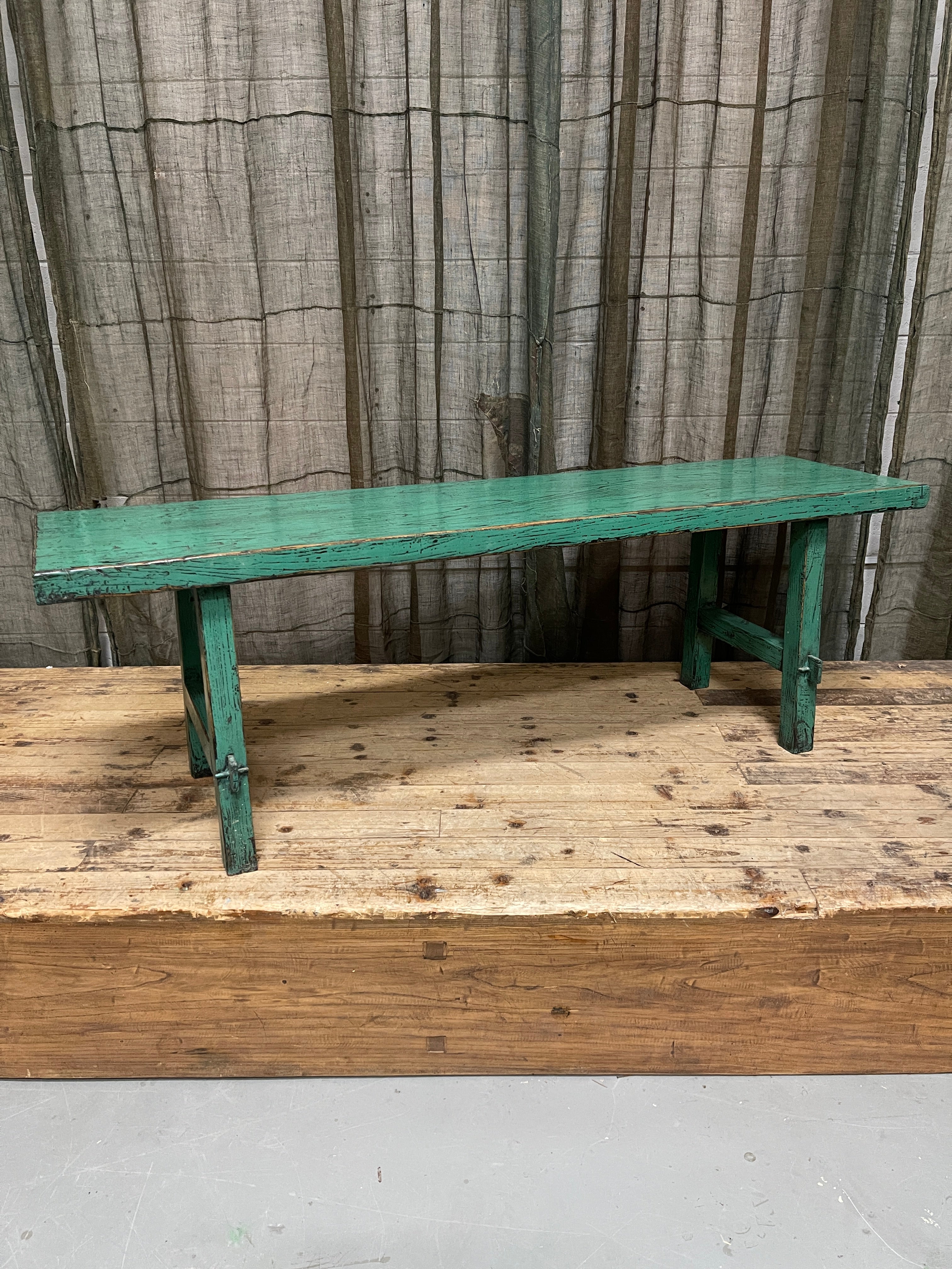 Provincial Chinese Light Green Painted Bench