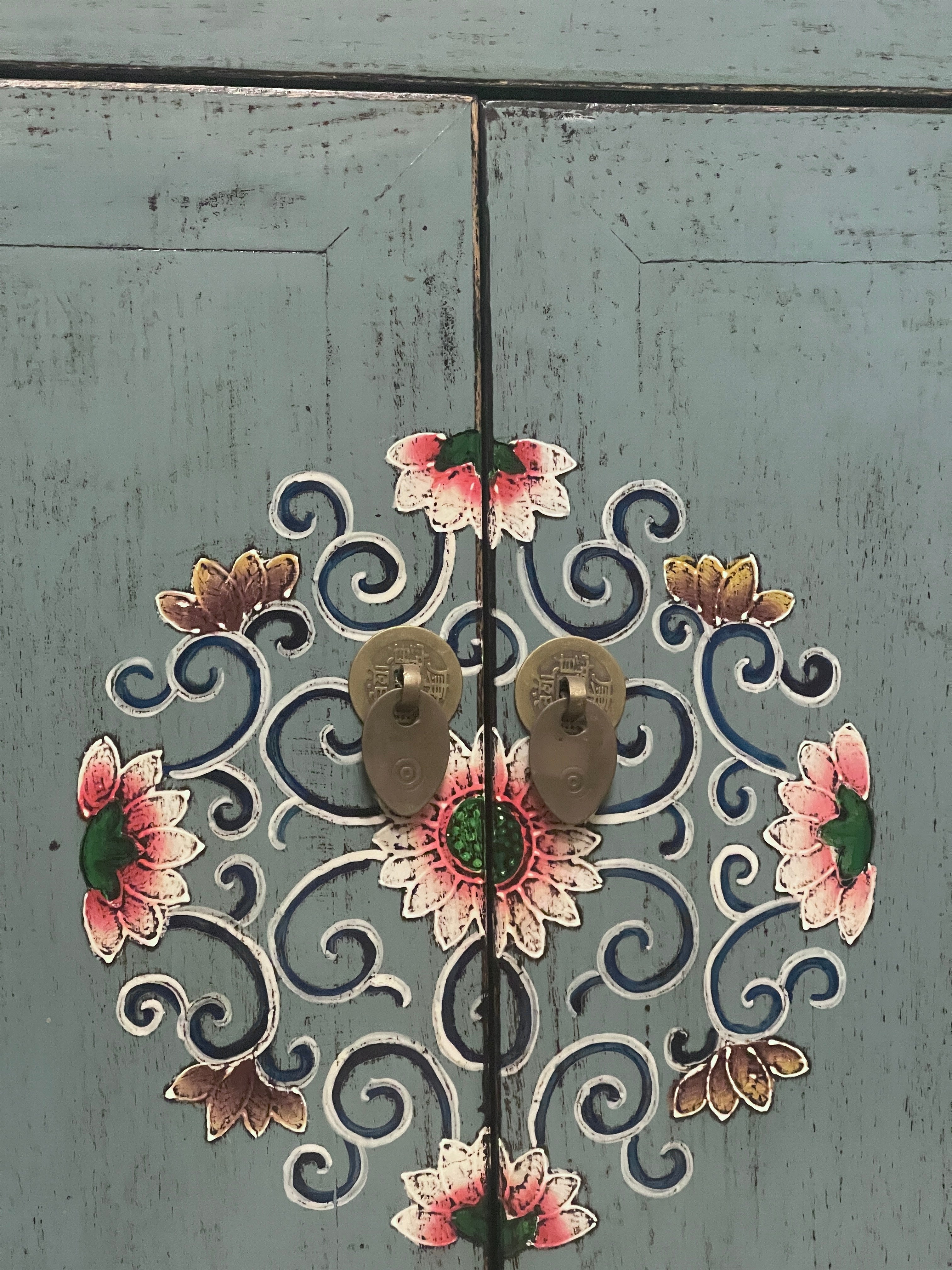 Chinese Blue Lacquered Side Cabinet, Floral Motif