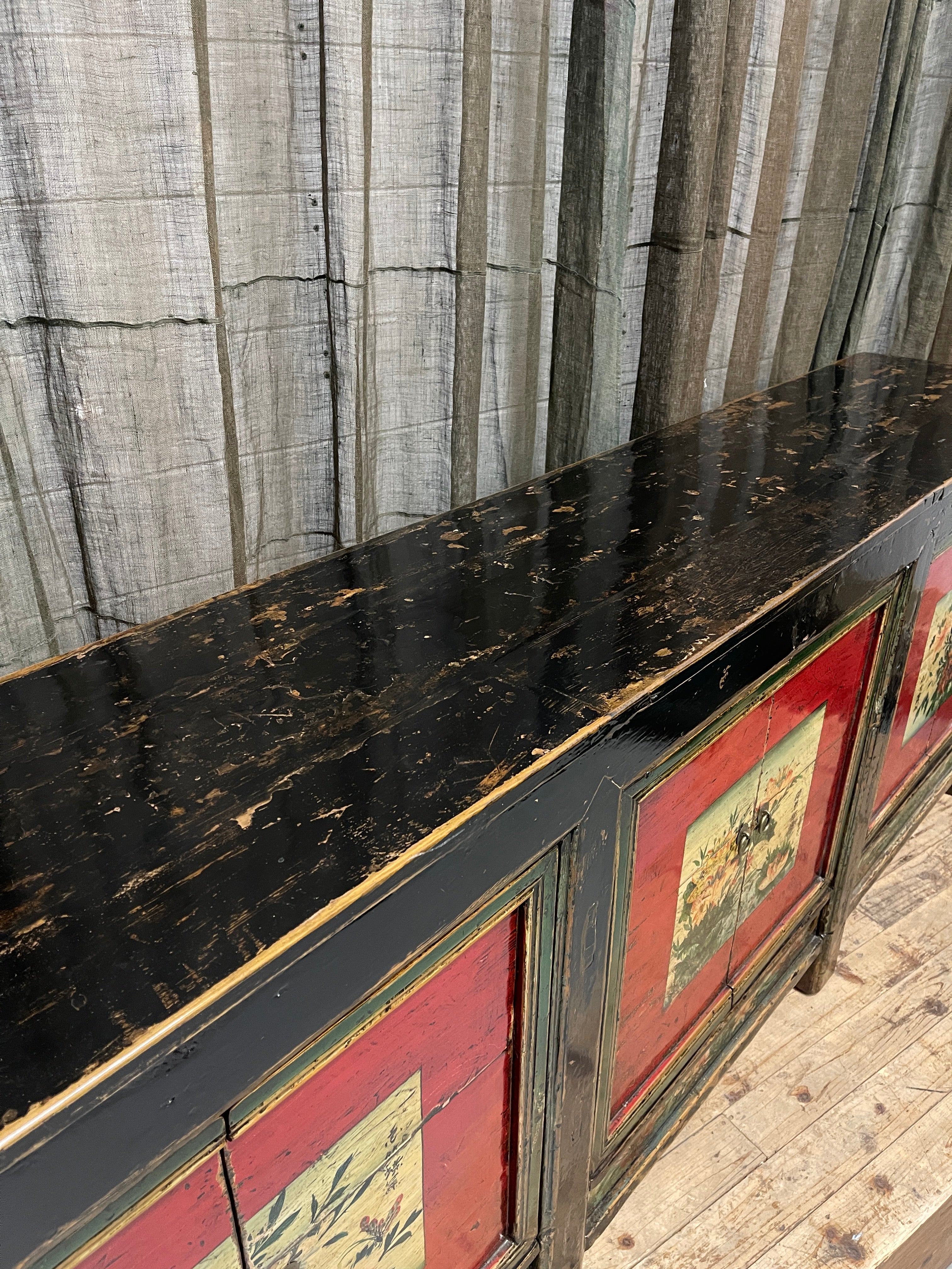 Antique Chinese Sideboard, Original Painted Finish, Floral Panels
