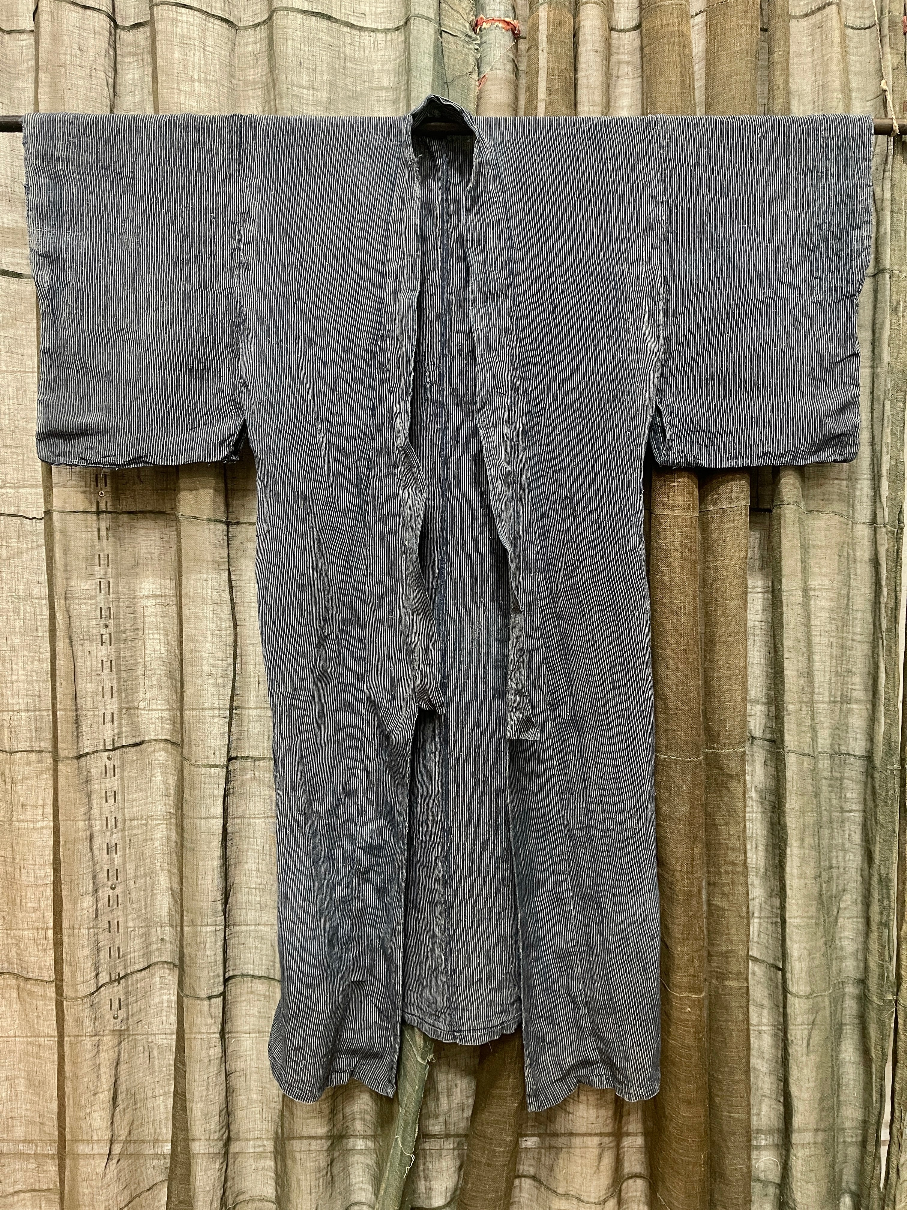 Antique Japanese hemp Kimono - Indigo Pinstripe - Men's