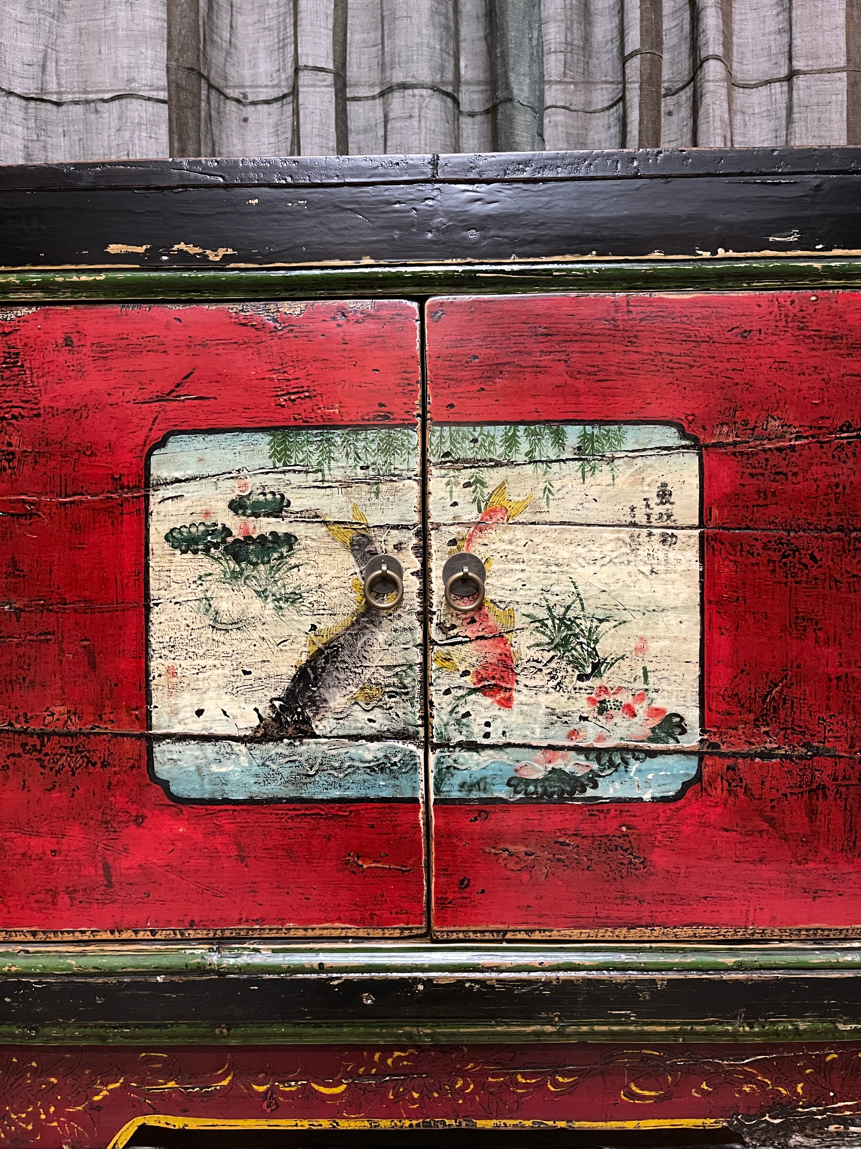 Antique Chinese Cabinet, Original Painted Finish, Koi & Floral Panel