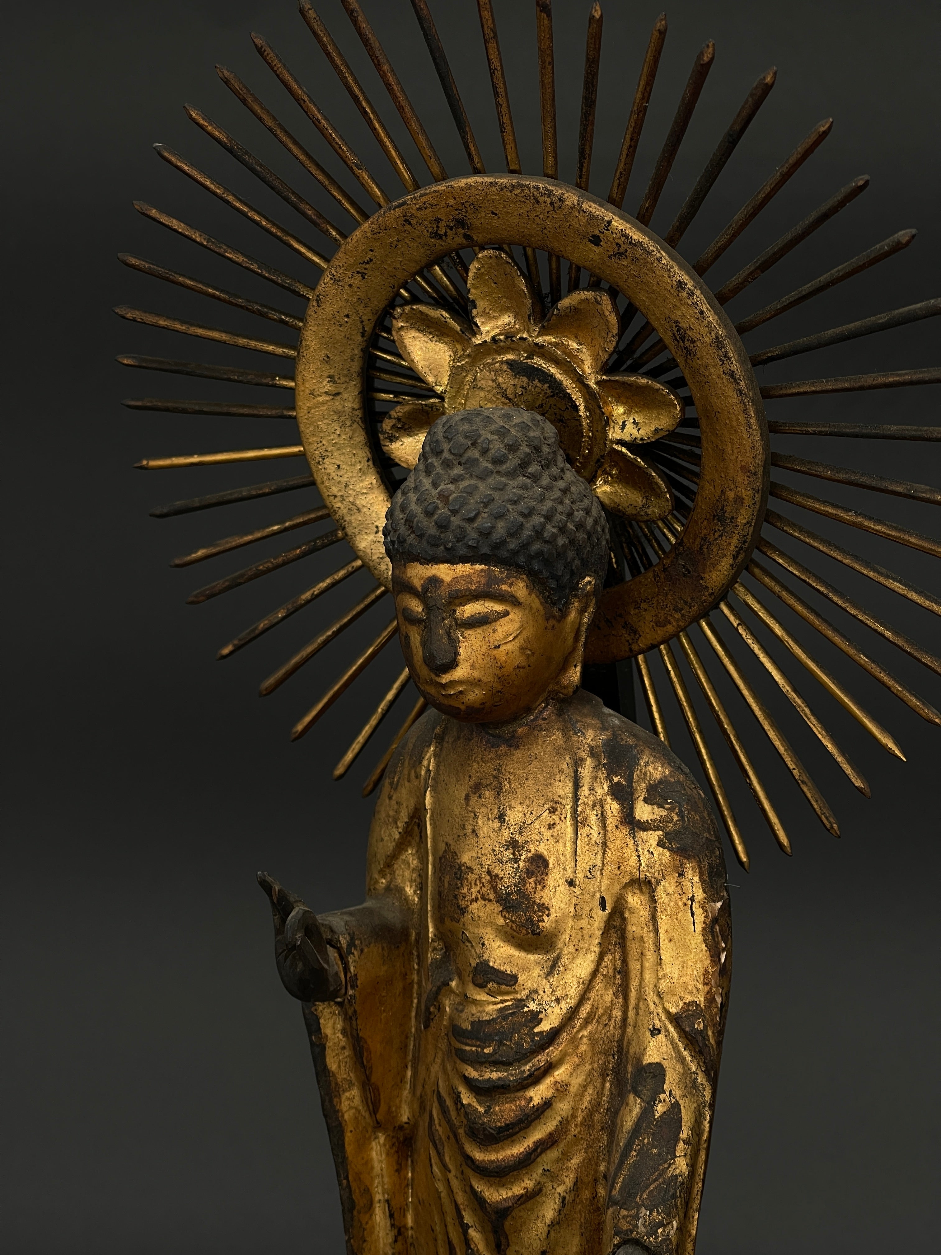Shaka Nyorai, Antique Japanese Buddha on a Lotus Base - Carved Wood & Gilt | c.1900