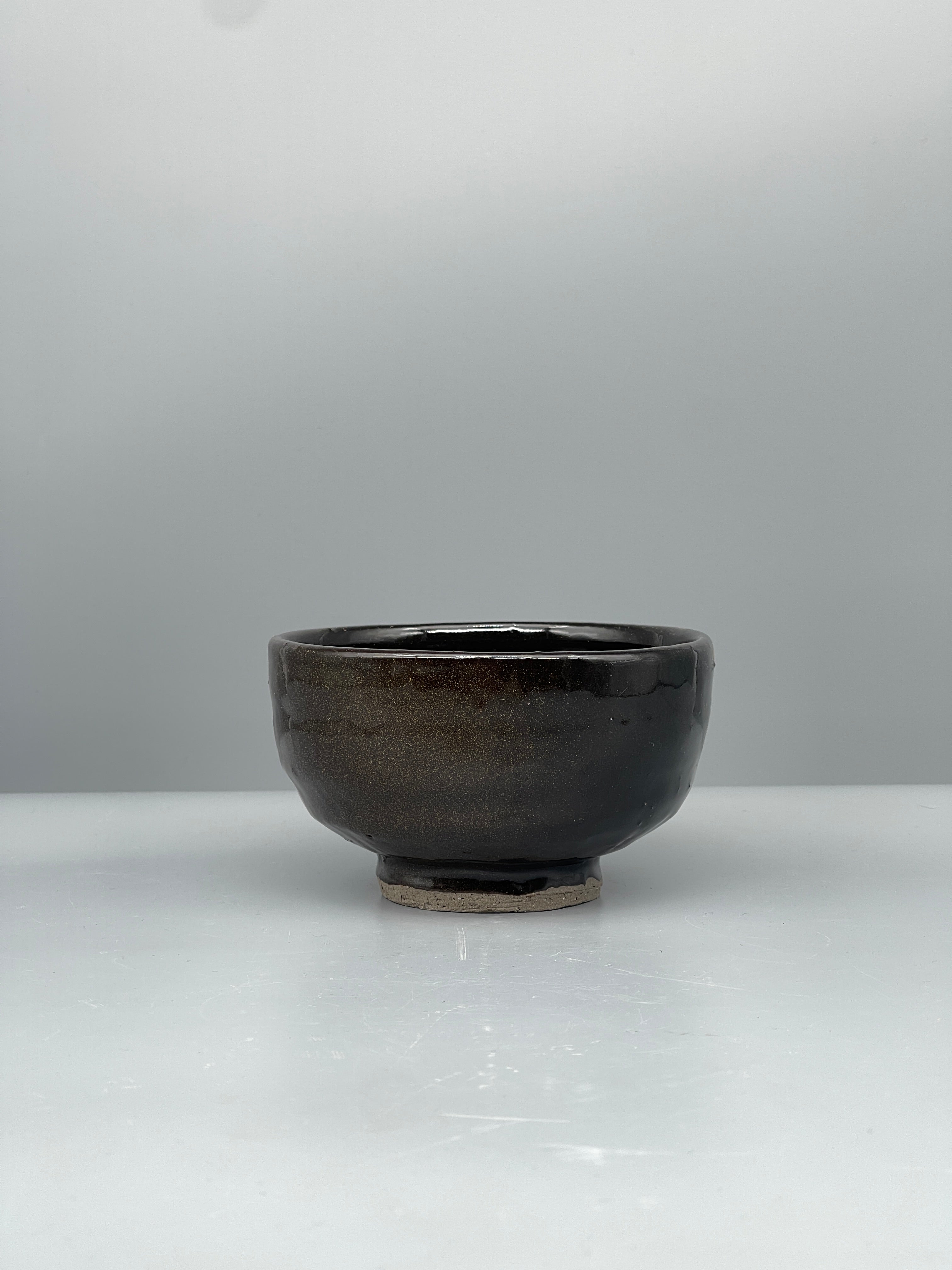 Vintage Japanese Chawan Tea Bowl - Stoneware, Glossy Tenmoku Glaze
