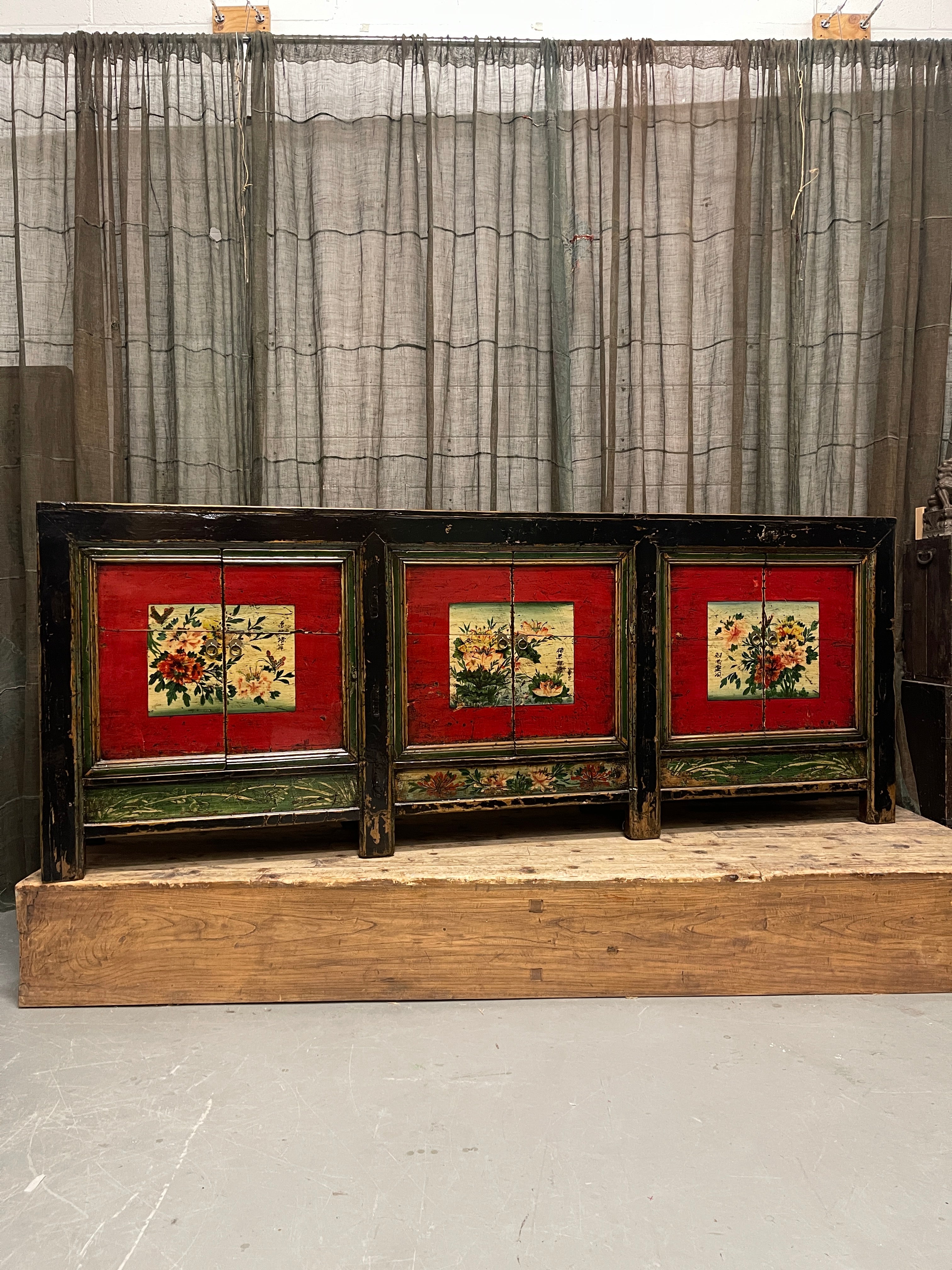 Antique Chinese Sideboard, Original Painted Finish, Floral Panels