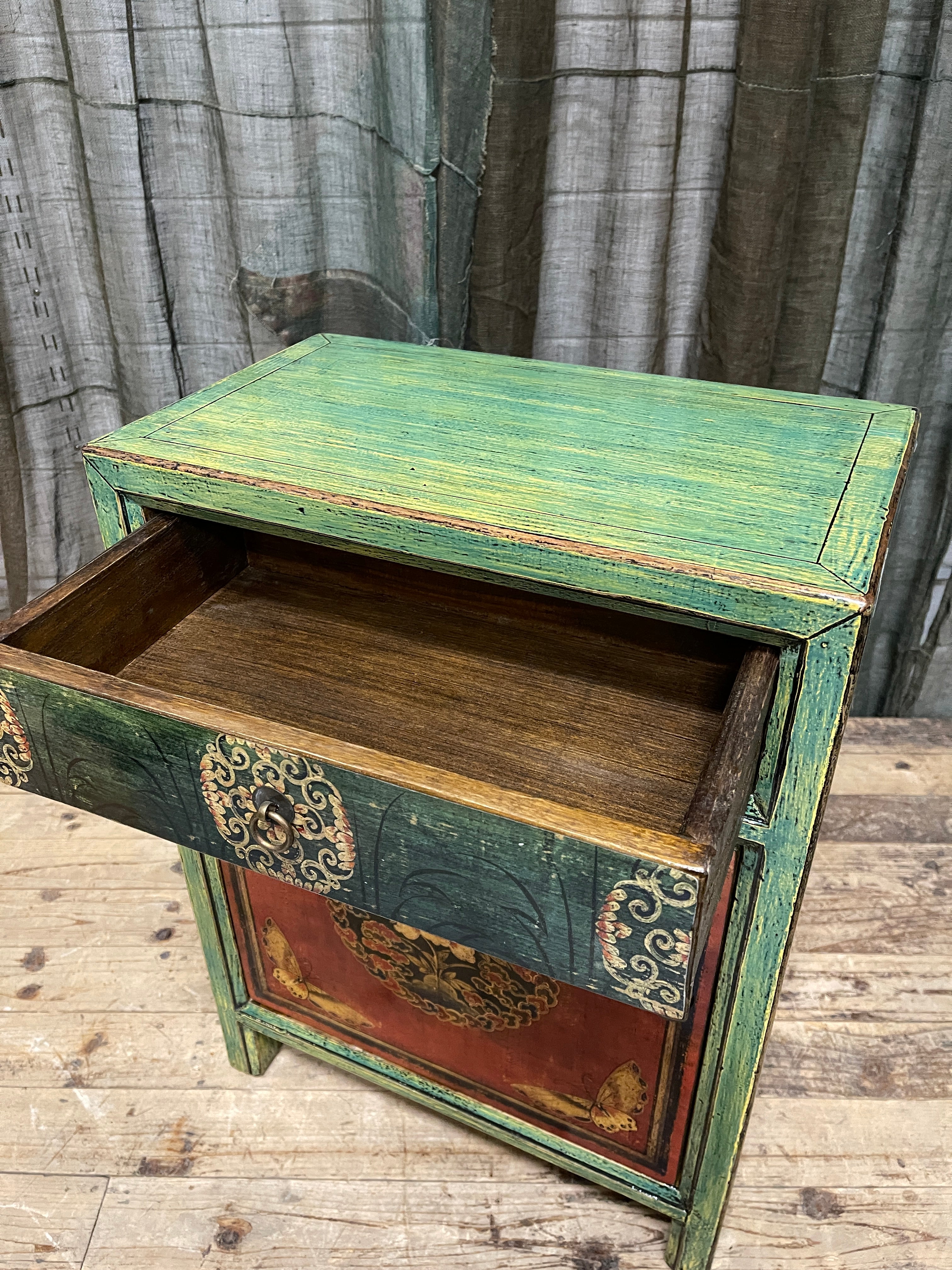 Provincial Style Chinese Green Lacquered Side Cabinet