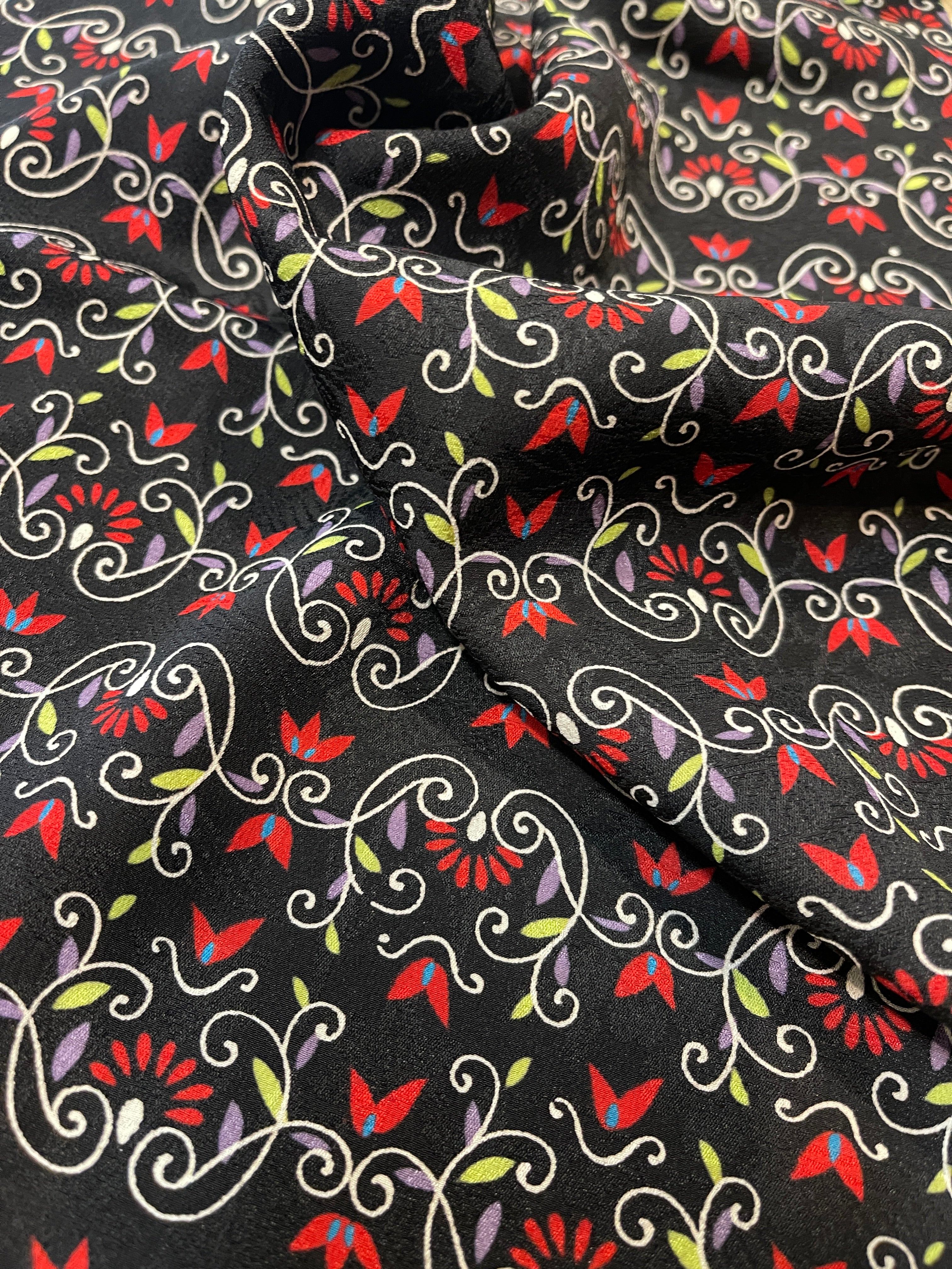 Japanese Silk Fabric, Black With Floral Pattern