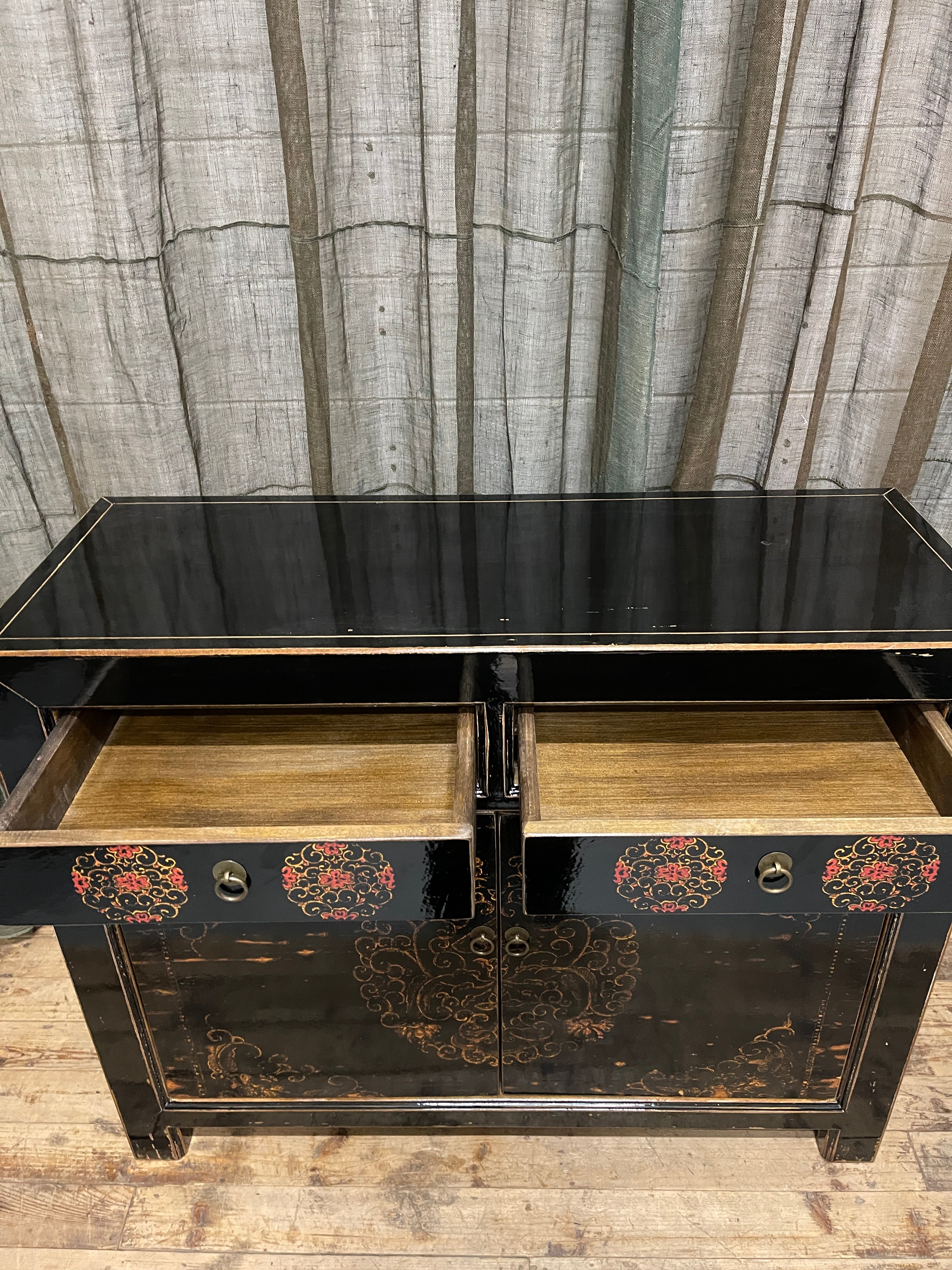 Chinese Black Lacquered Cabinet, Gold Floral Vine Motif