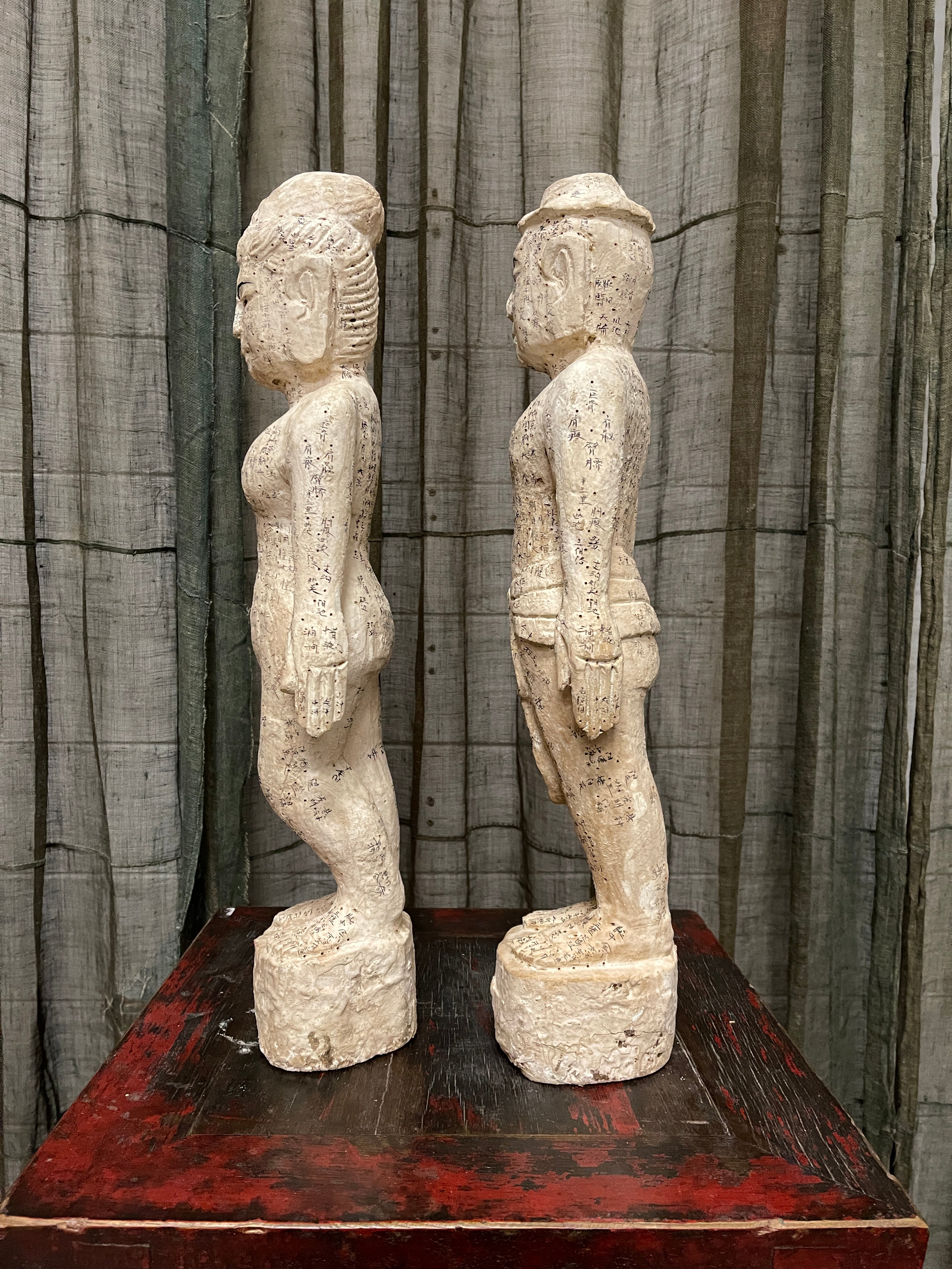 Pair of Chinese Carved Wooden Acupuncture Statues