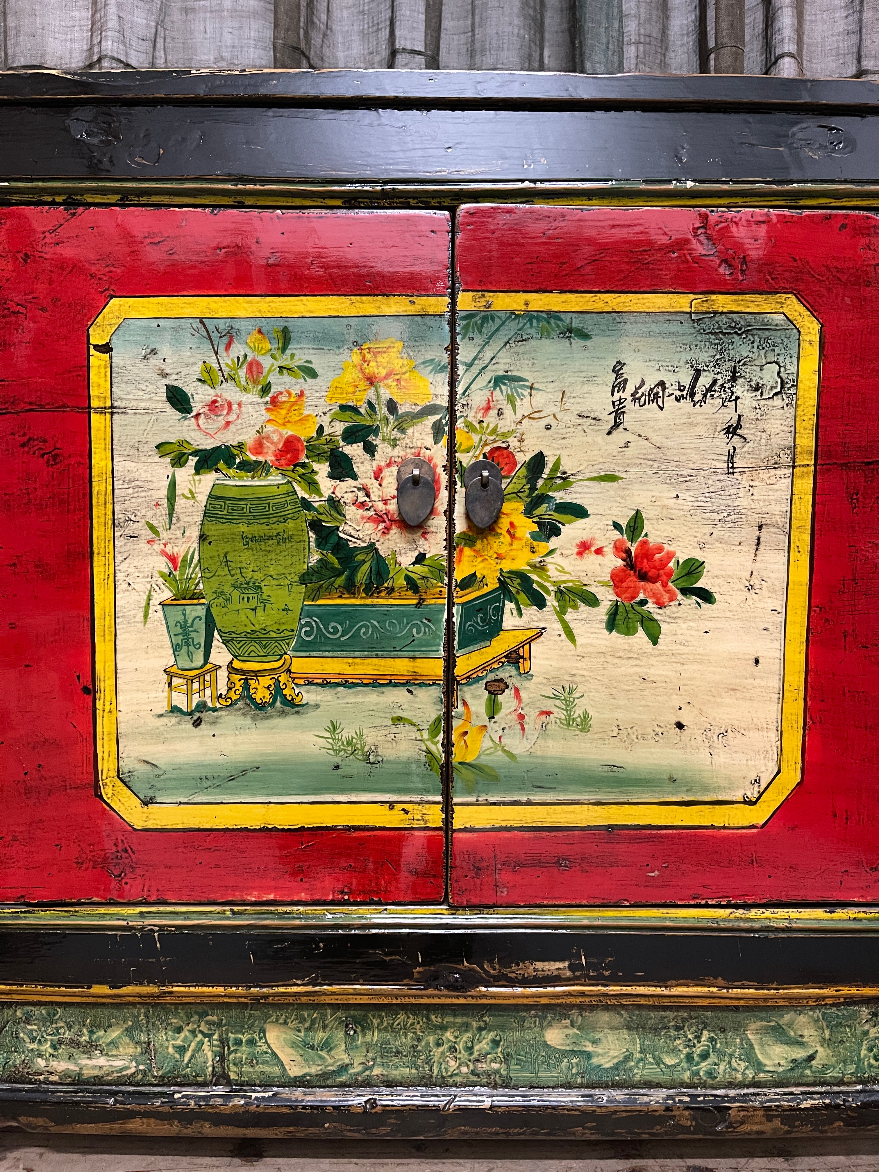 Antique Chinese Painted Cabinet, Original Finish, Vase & Floral Still Life
