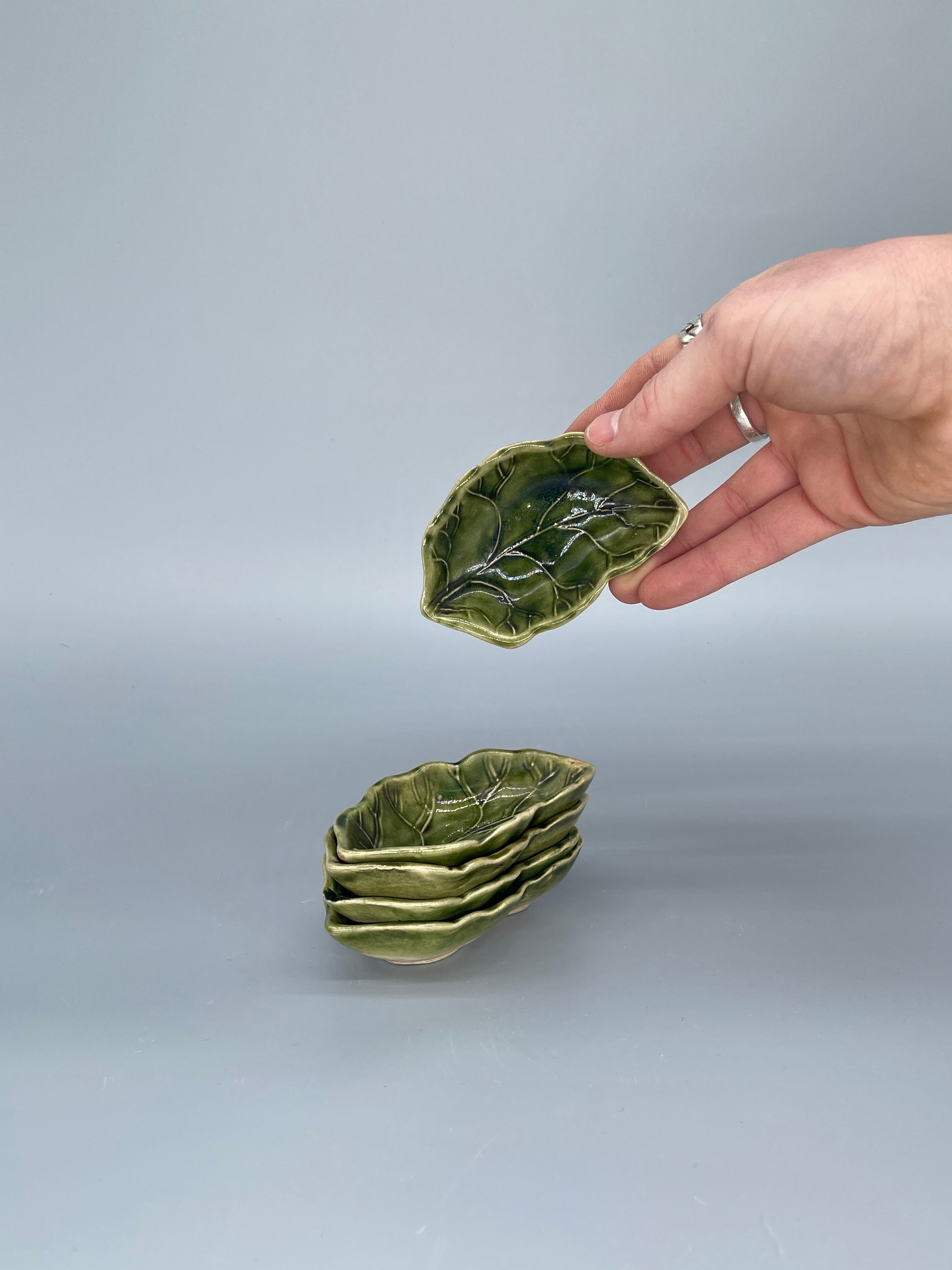 Set of Vintage Japanese Small Side Plates, Green Glazed Leaf Shape