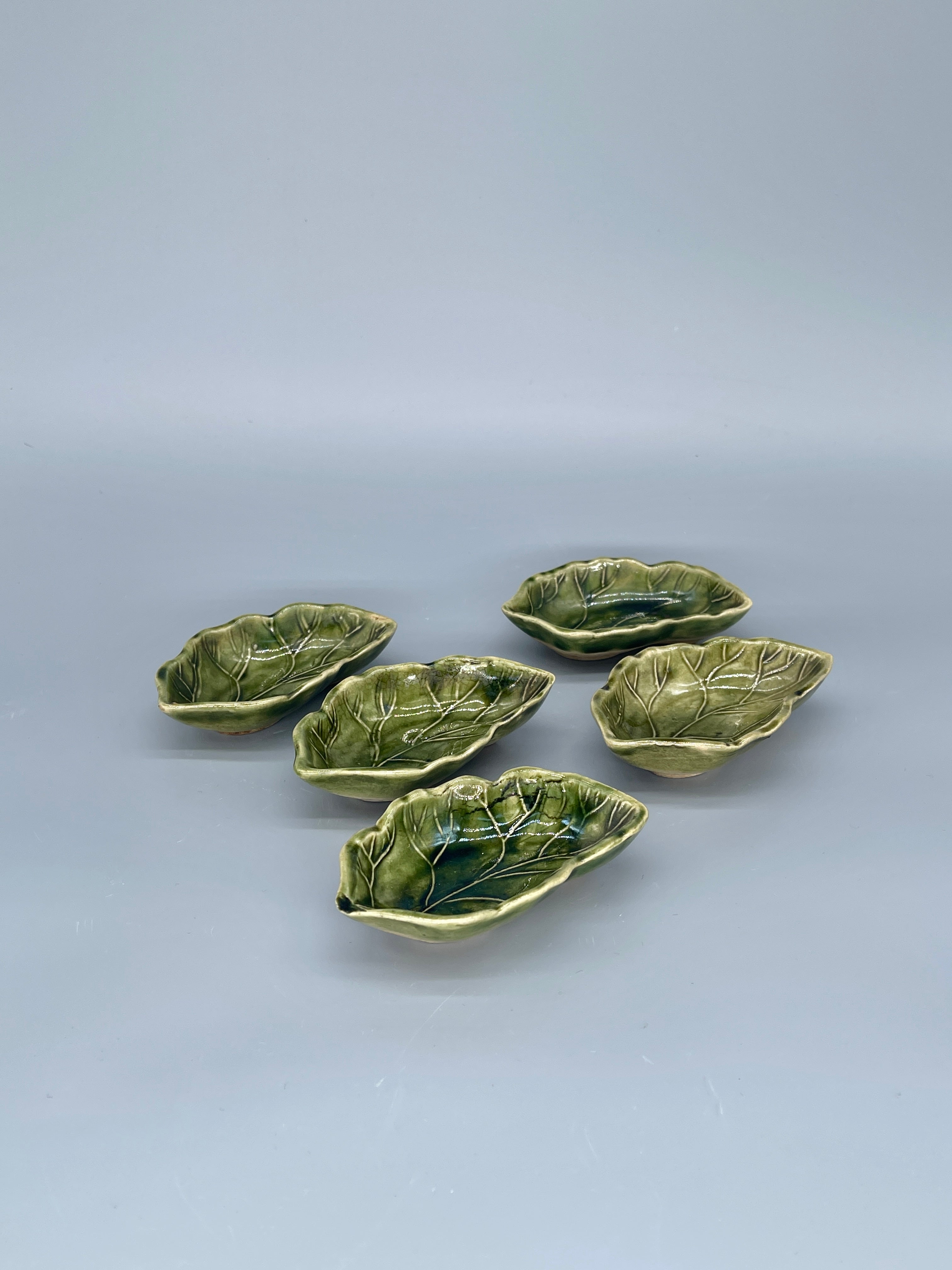 Set of Vintage Japanese Small Side Plates, Green Glazed Leaf Shape