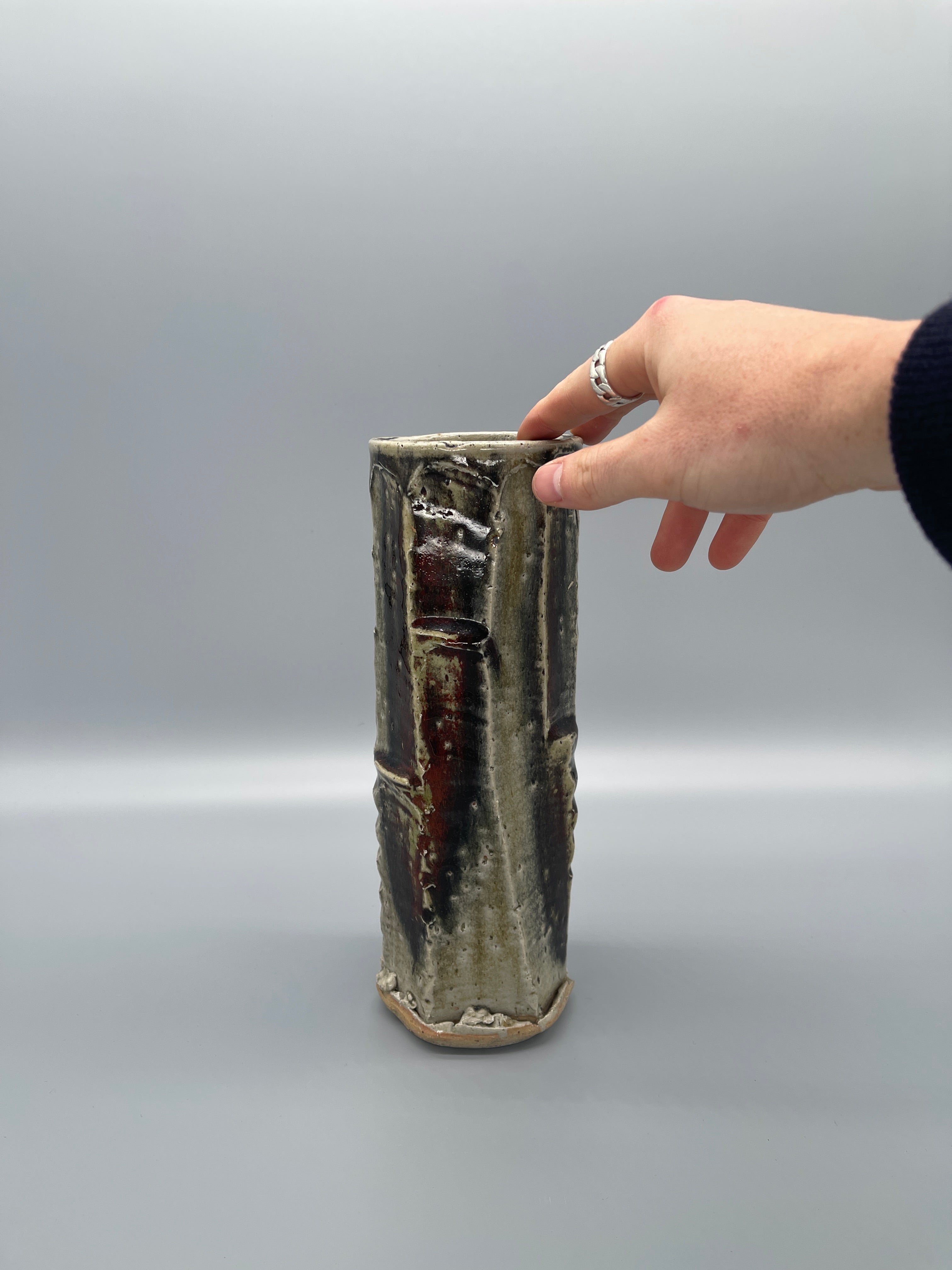 Vintage Japanese Ikebana Vase - Rough Brown & Grey Glaze
