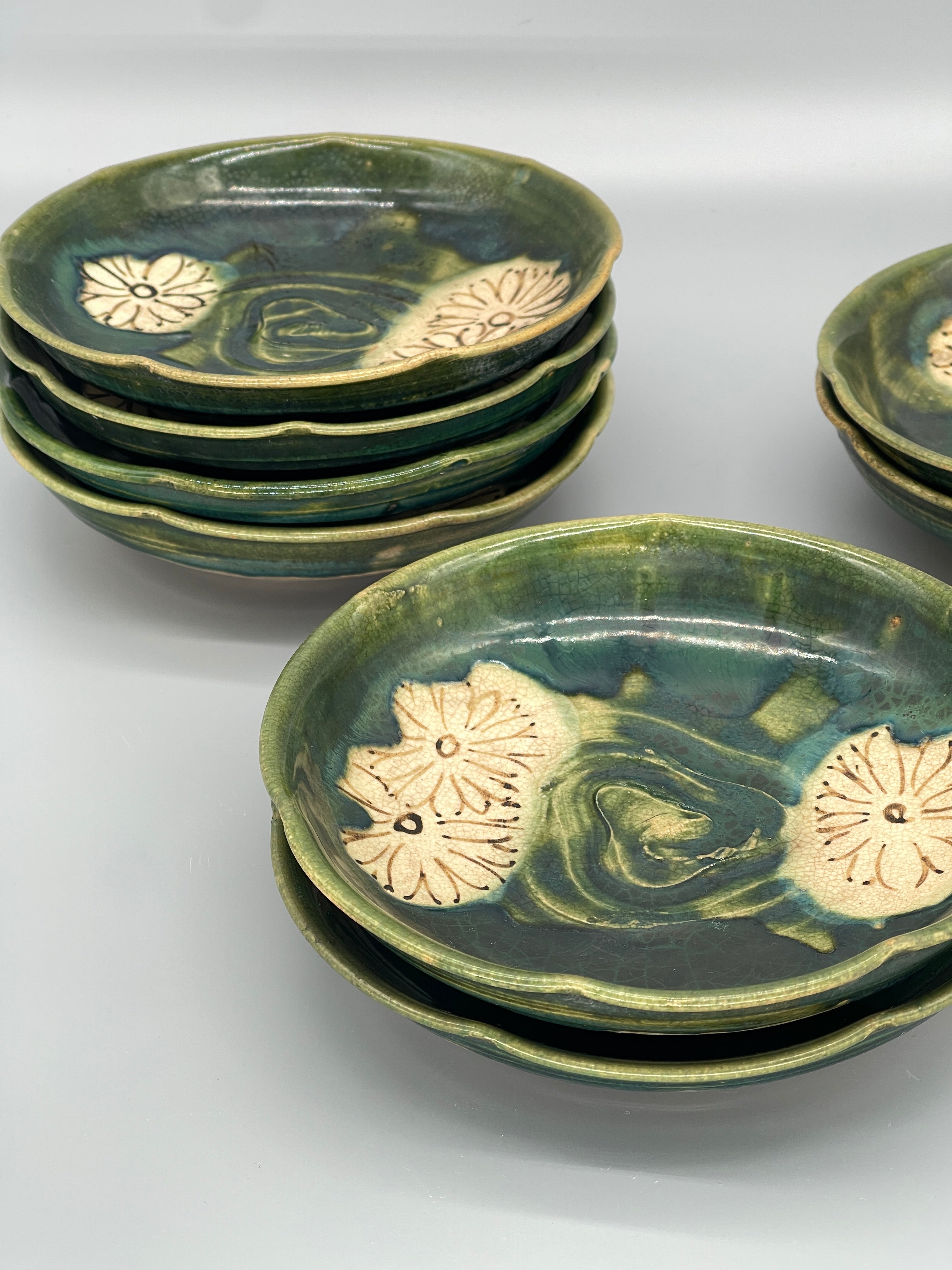 Vintage Japanese Side Dish Plates, Oribe Glaze