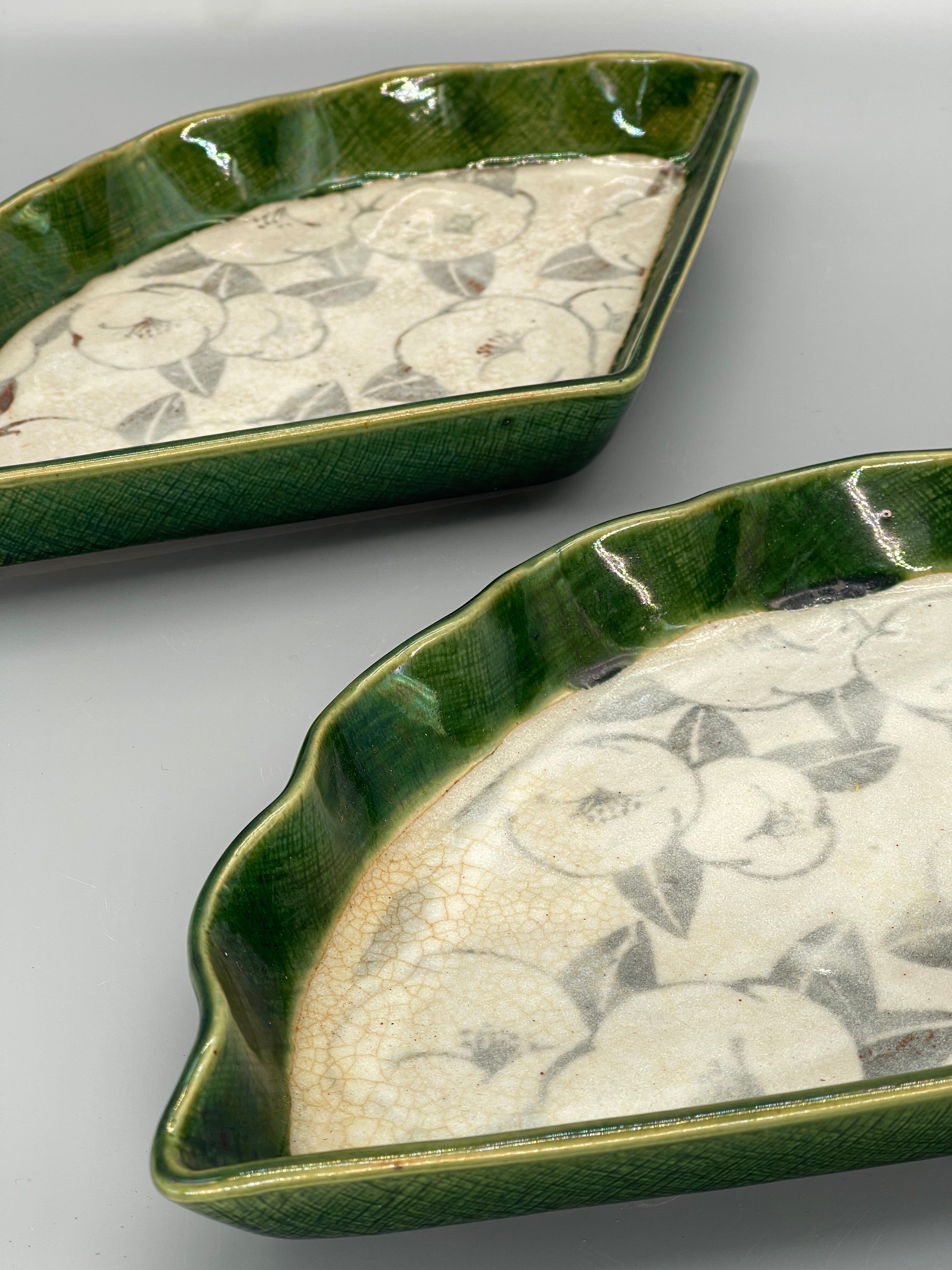 Vintage Japanese Fan Shape Serving Plates, Oribe Glaze