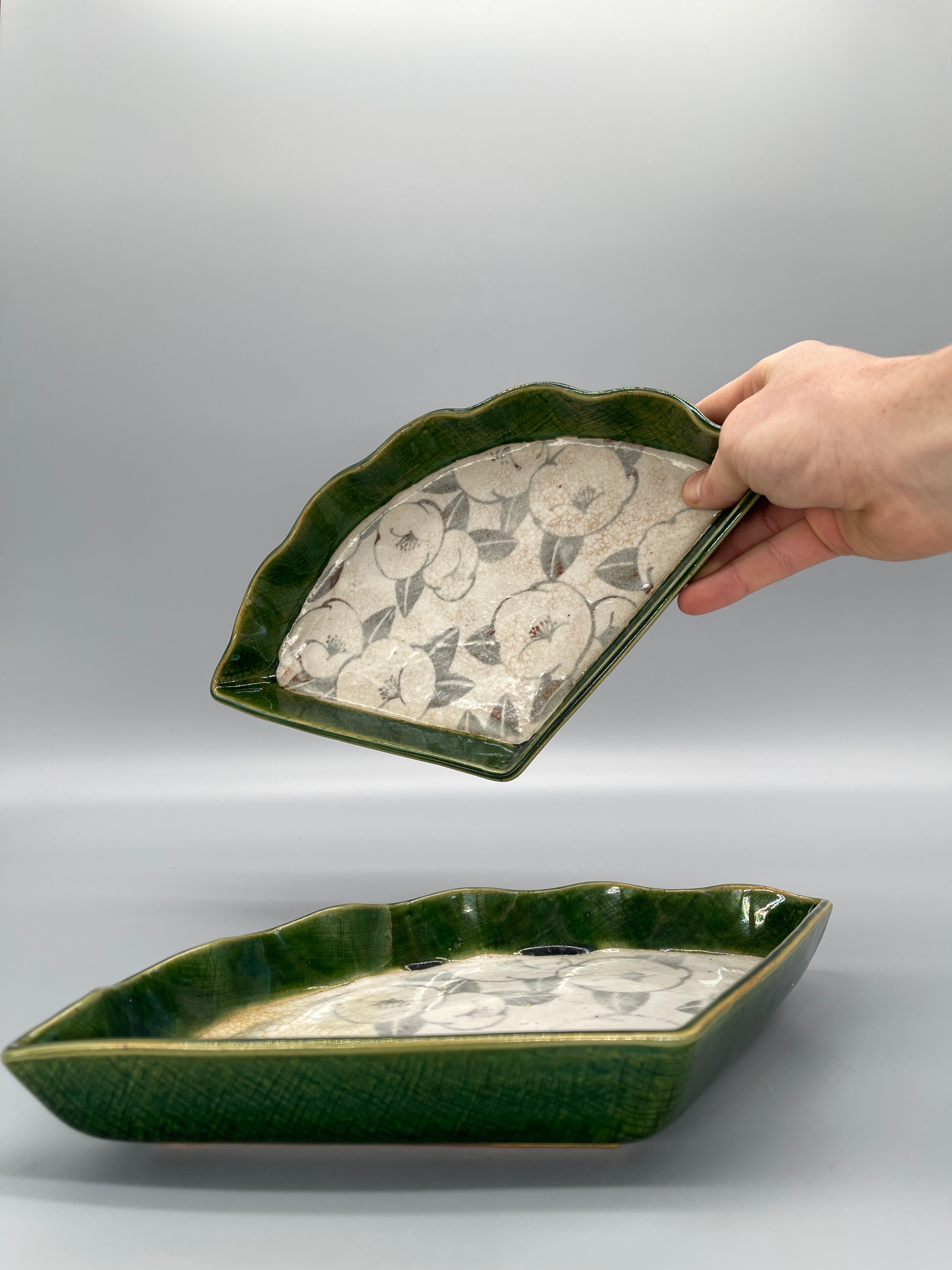 Vintage Japanese Fan Shape Serving Plates, Oribe Glaze