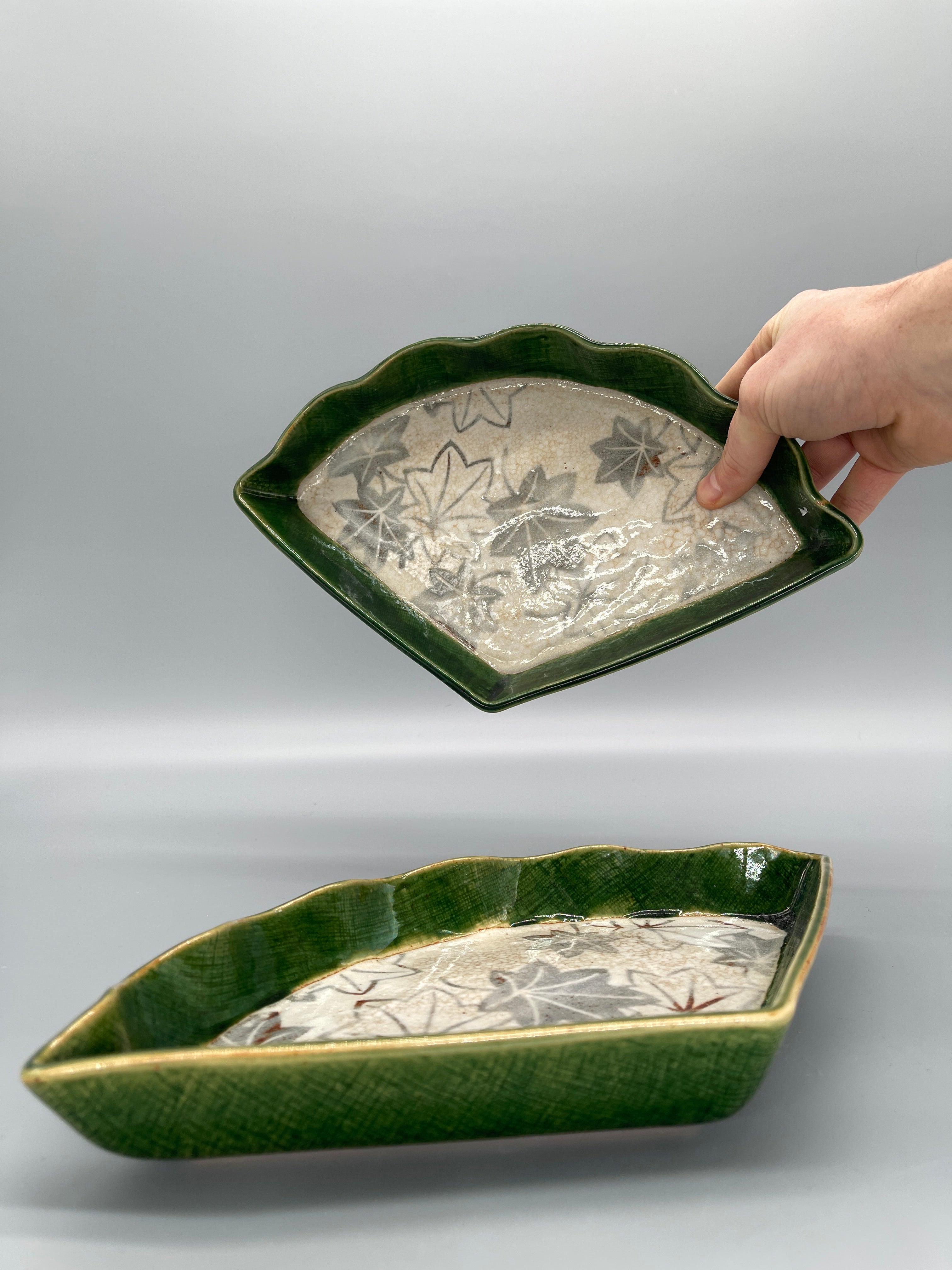 Vintage Japanese Fan Shape Serving Plates, Oribe Glaze