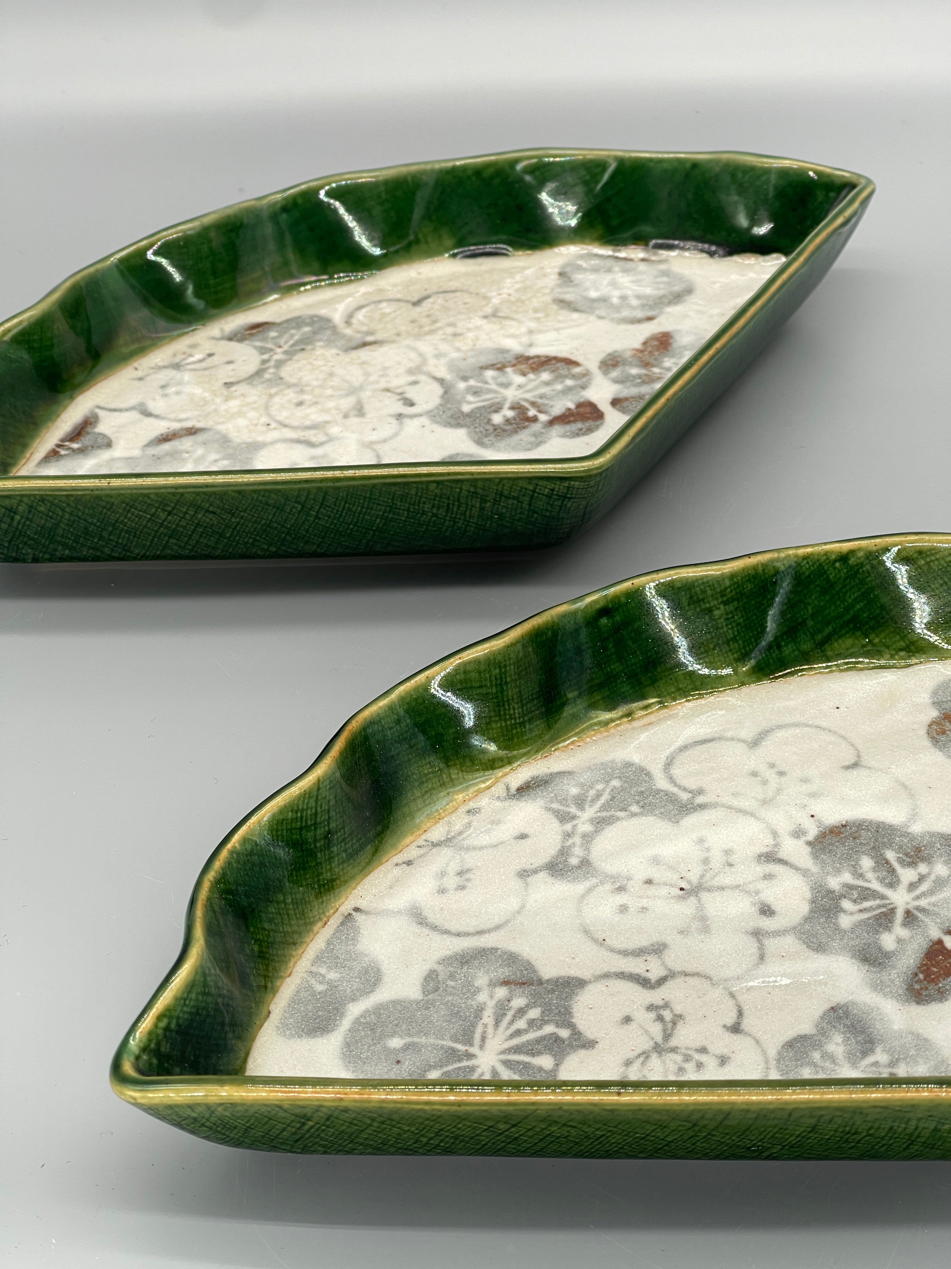 Vintage Japanese Fan Shape Serving Plates, Oribe Glaze