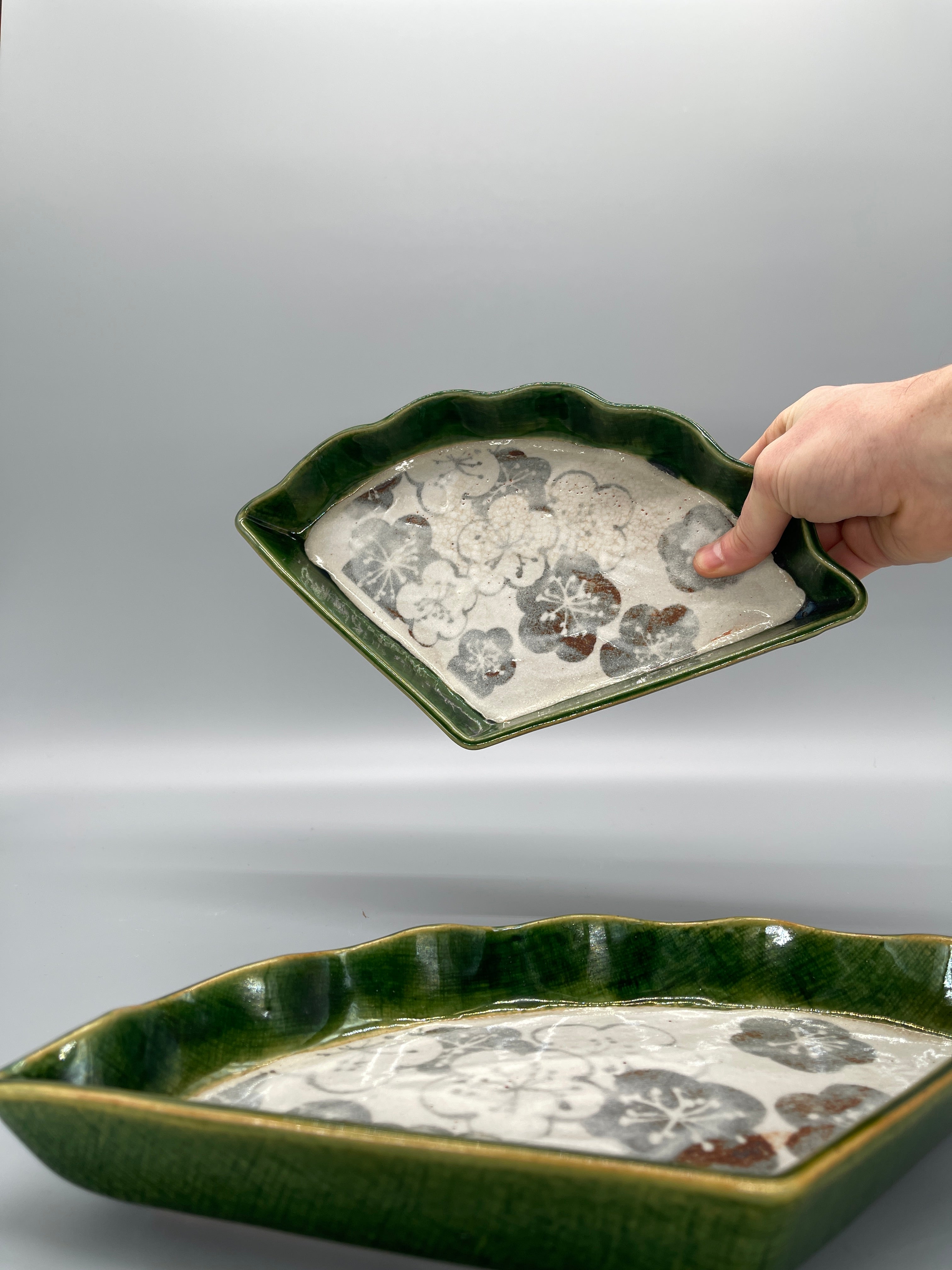 Vintage Japanese Fan Shape Serving Plates, Oribe Glaze