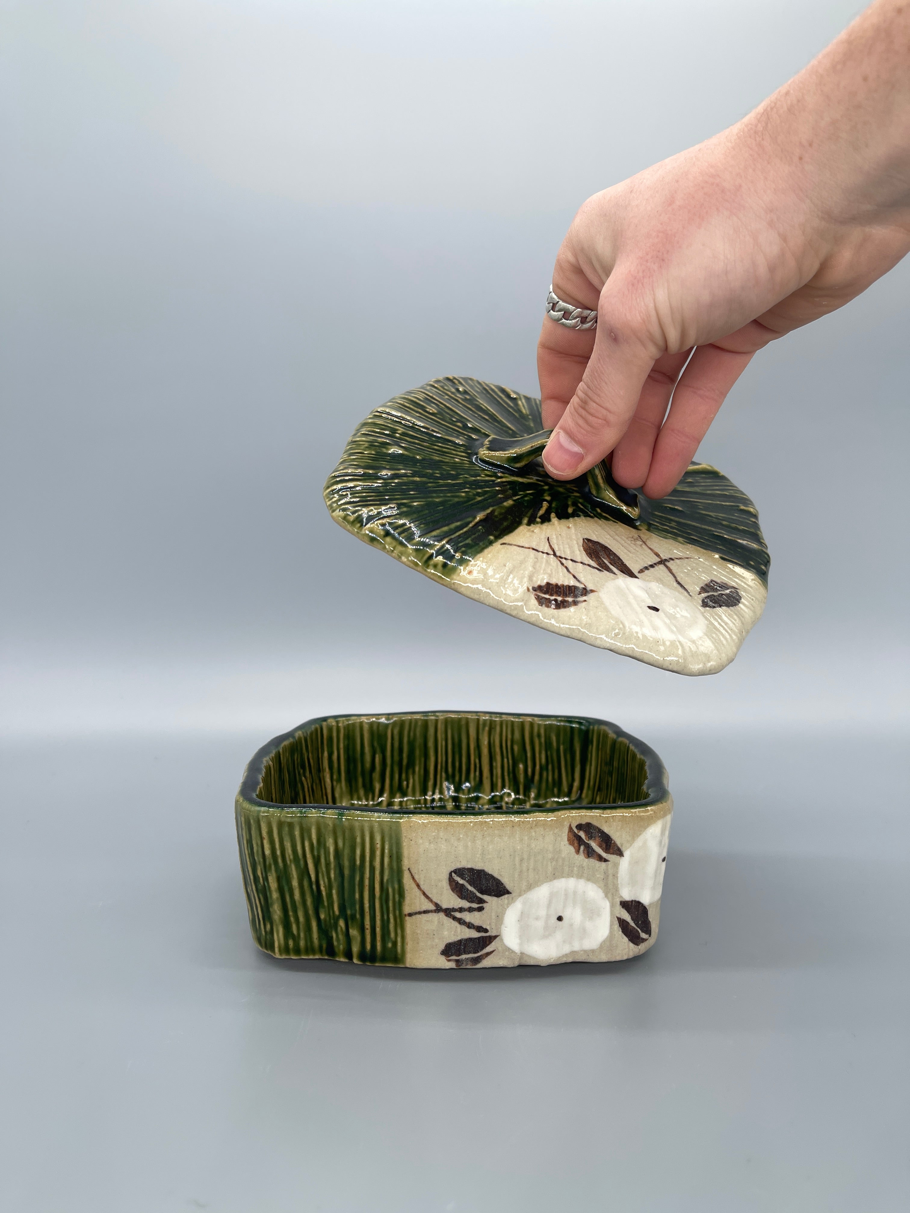 Vintage Japanese Oribe Style Lidded Sweets Bowl
