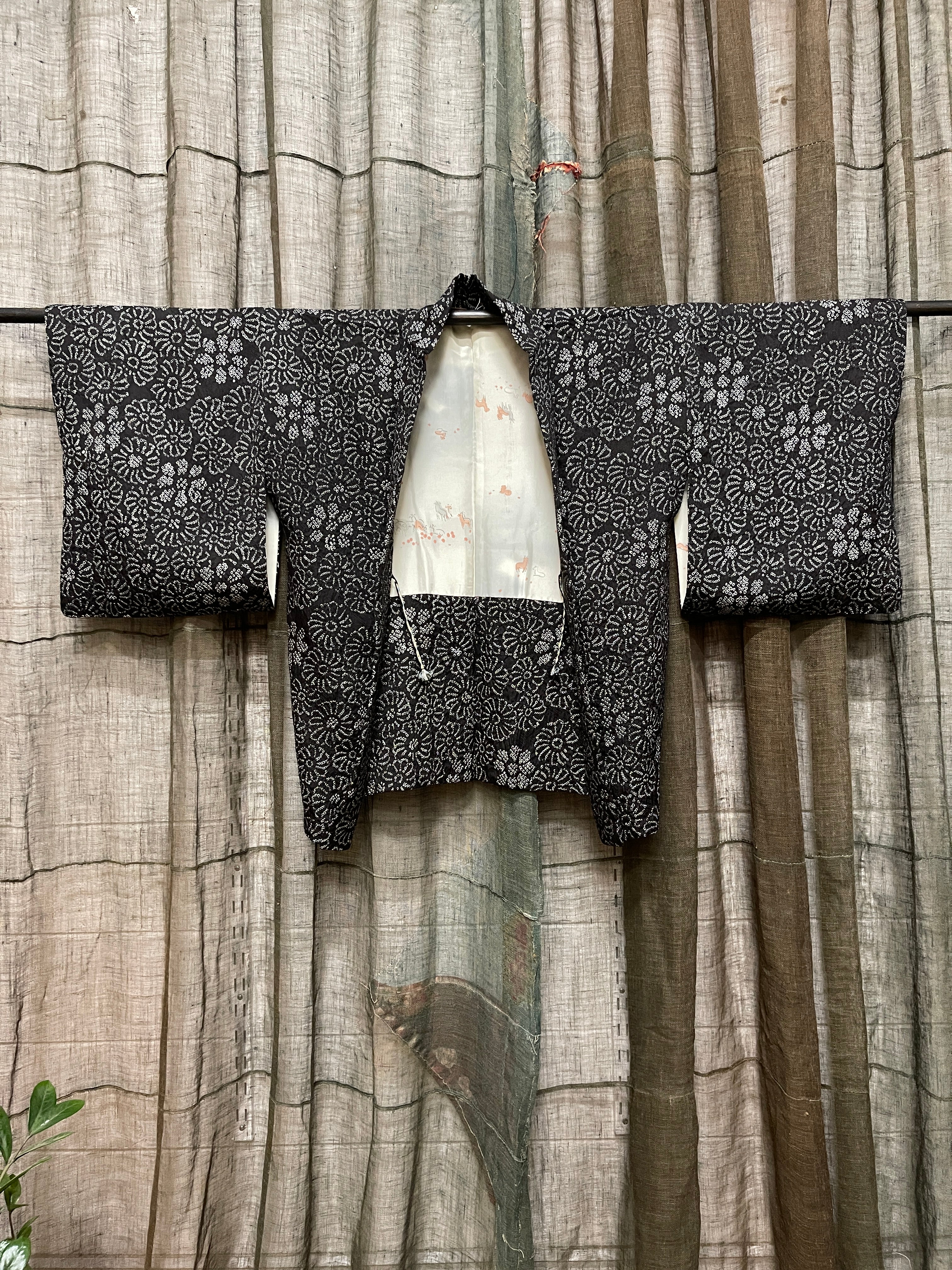 Japanese Haori-Kimono Jacket - Black Floral Shibori