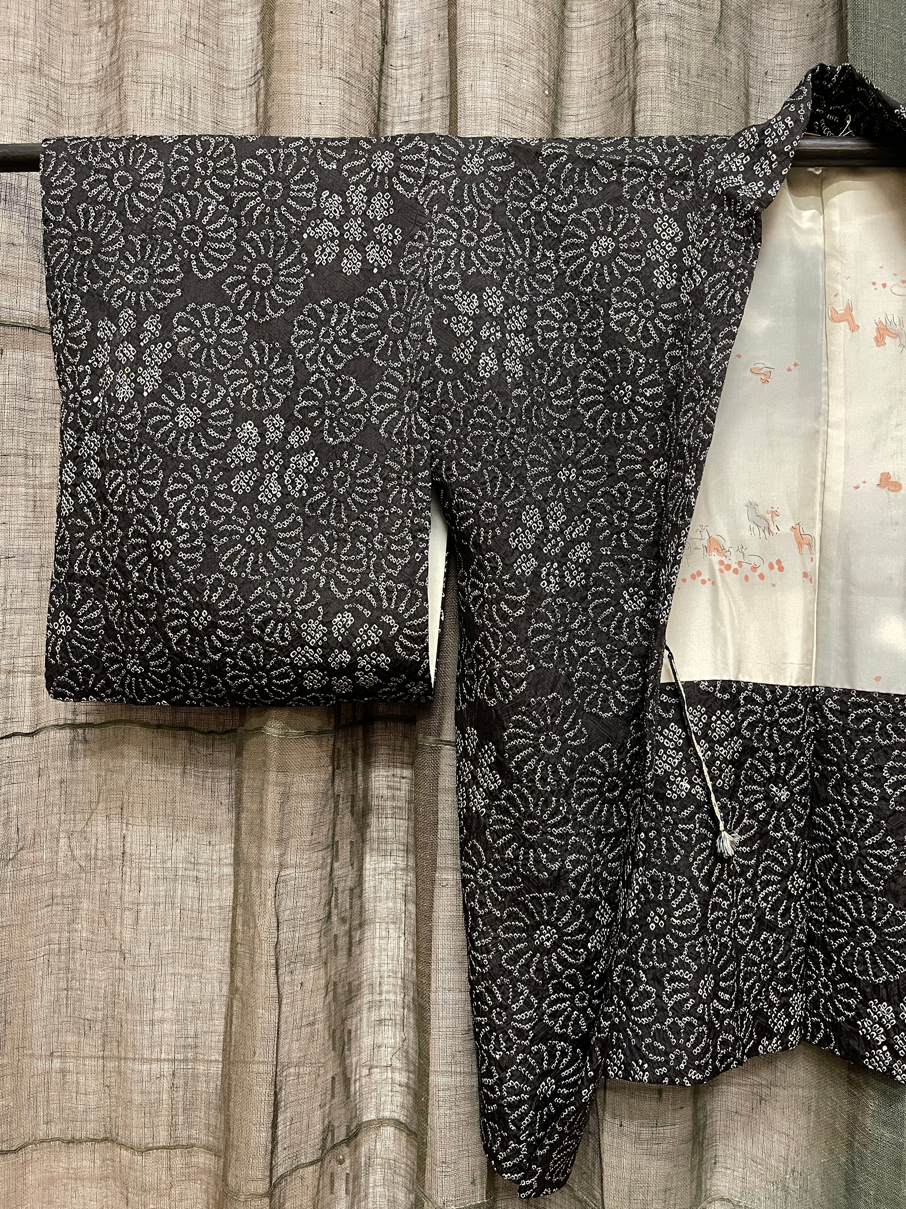 Japanese Haori-Kimono Jacket - Black Floral Shibori