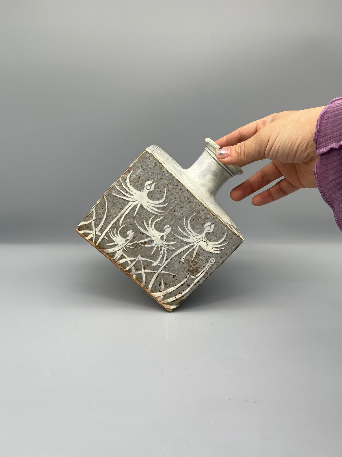 Japanese Square Vase, Grey & White Glaze