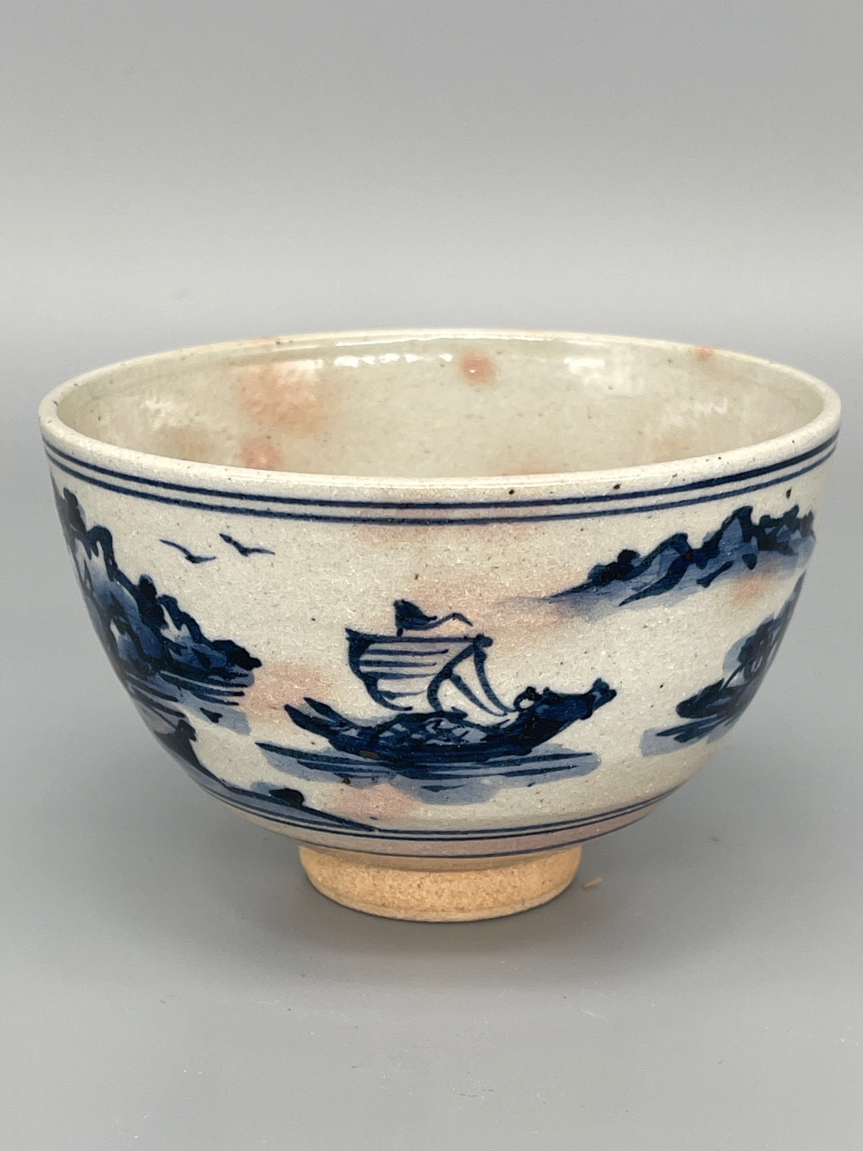 Vintage Japanese Matcha Bowl, Chawan - Blue & White Painted Motif