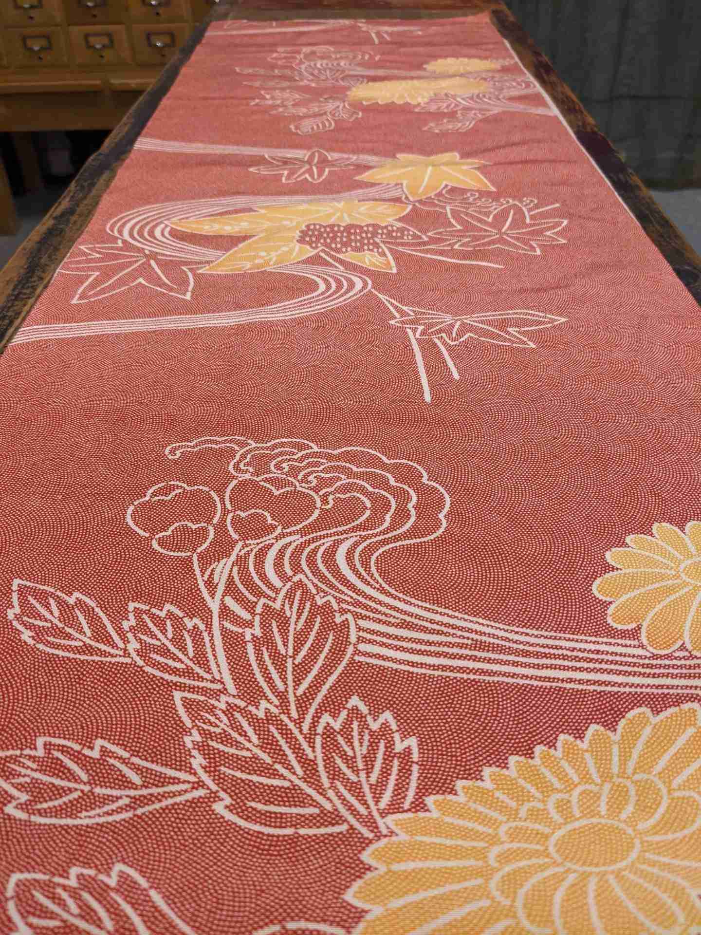 Japanese Silk Fabric, Red with Dotted Floral Pattern.
