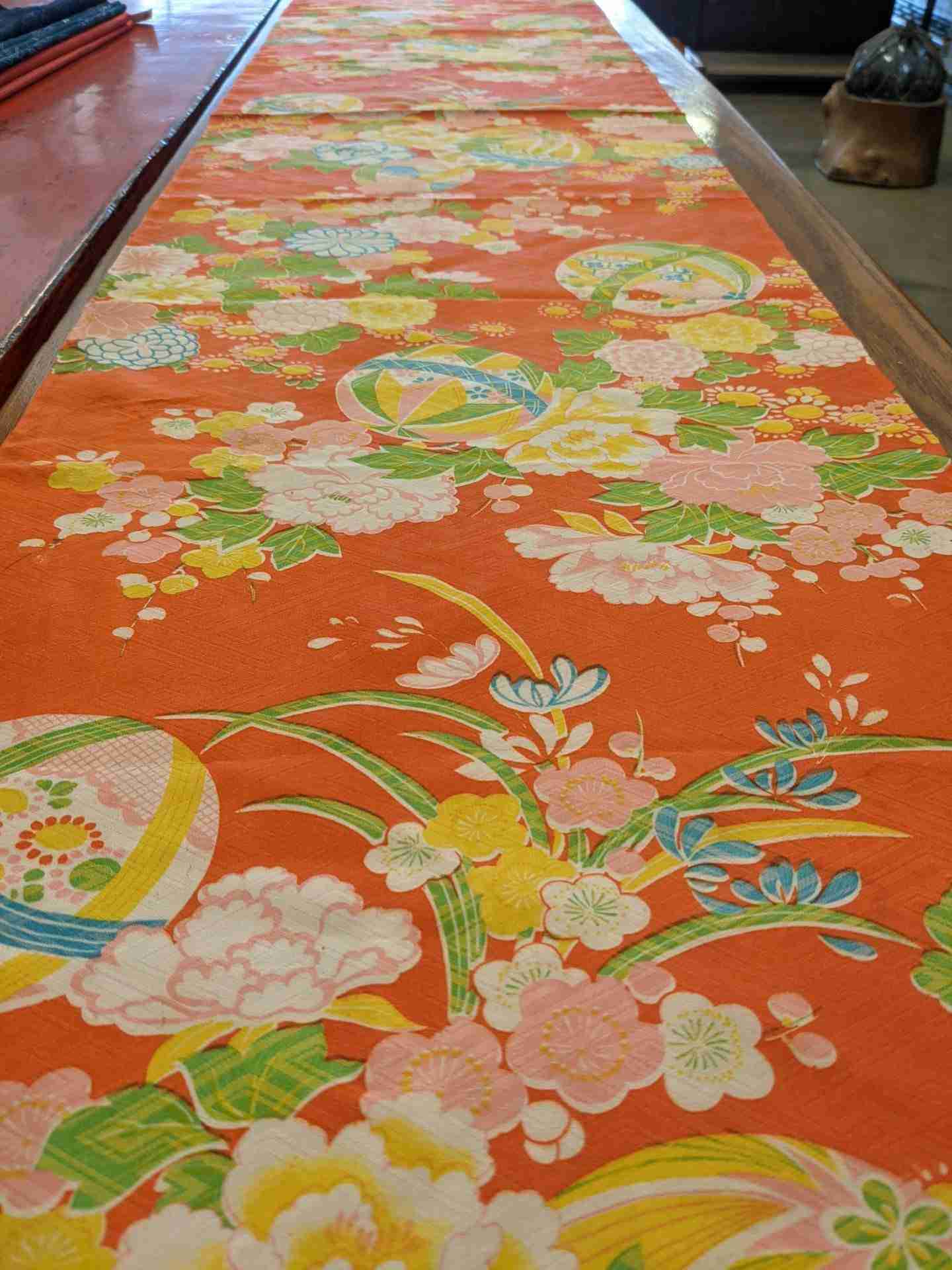 Japanese Silk Fabric, Orange with Colourful Florals