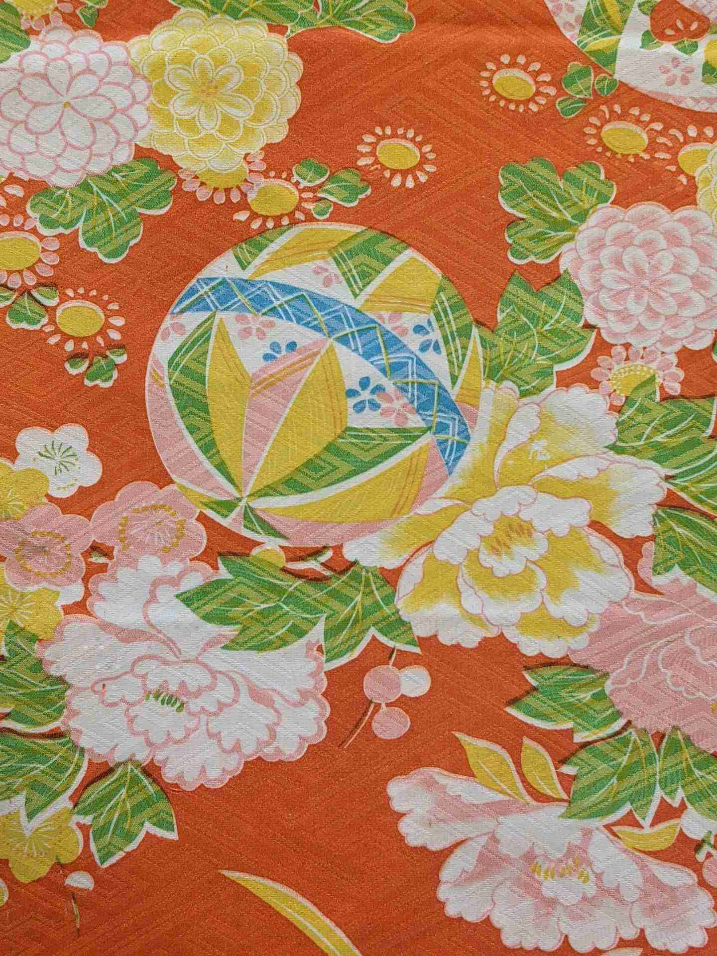 Japanese Silk Fabric, Orange with Colourful Florals