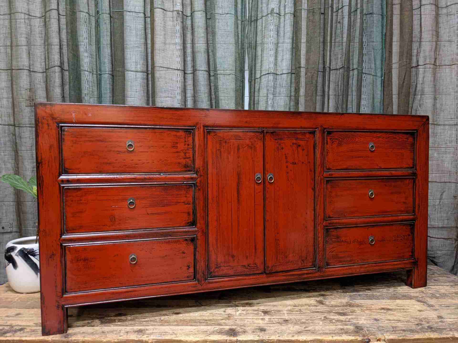 Chinese Red Lacquered Recycled Timber Sideboard