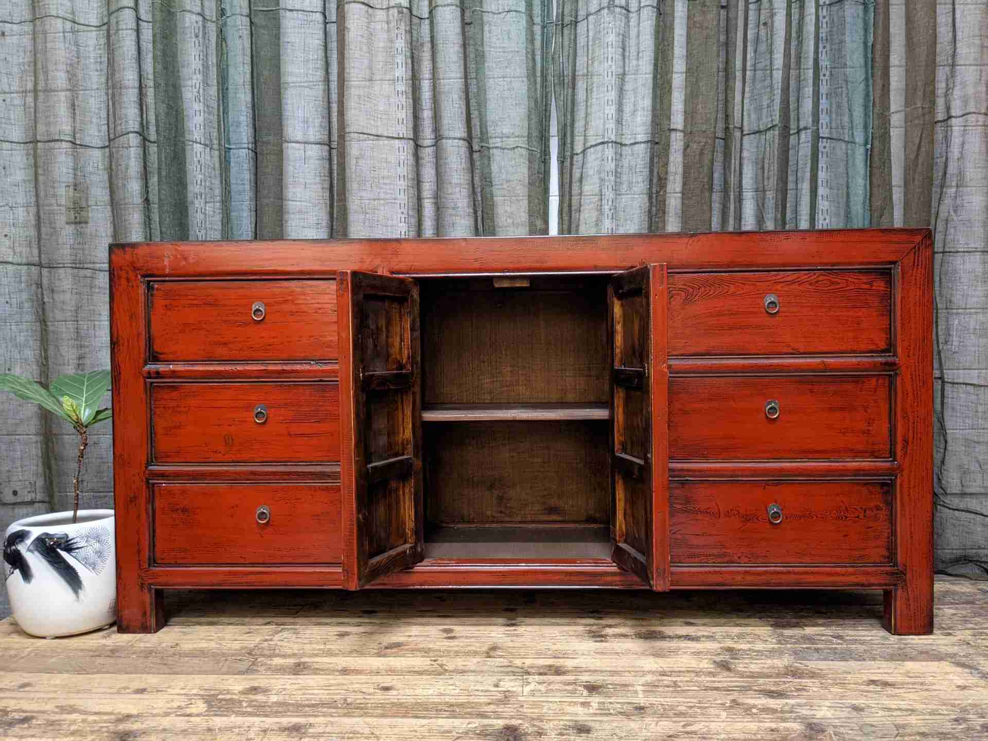 Chinese Red Lacquered Recycled Timber Sideboard