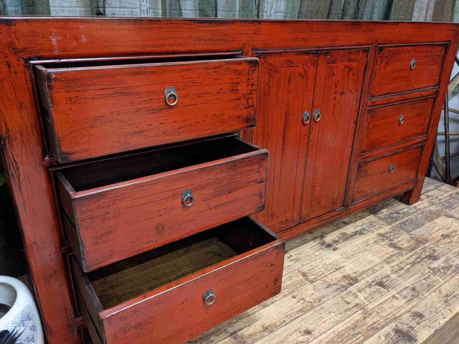 Chinese Red Lacquered Recycled Timber Sideboard
