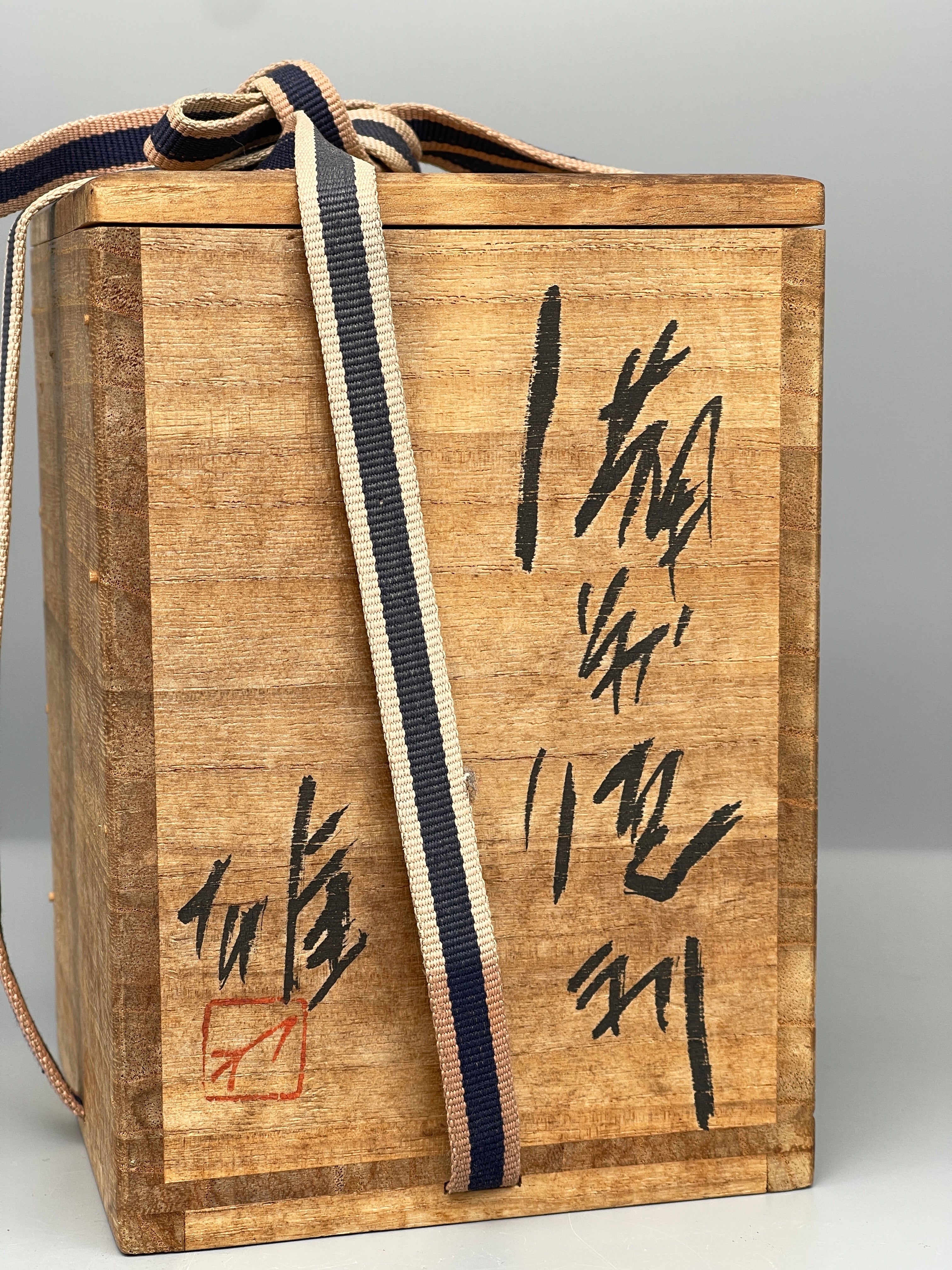Vintage Japanese bizen sake bottle and cup set, wooden box lid inscription