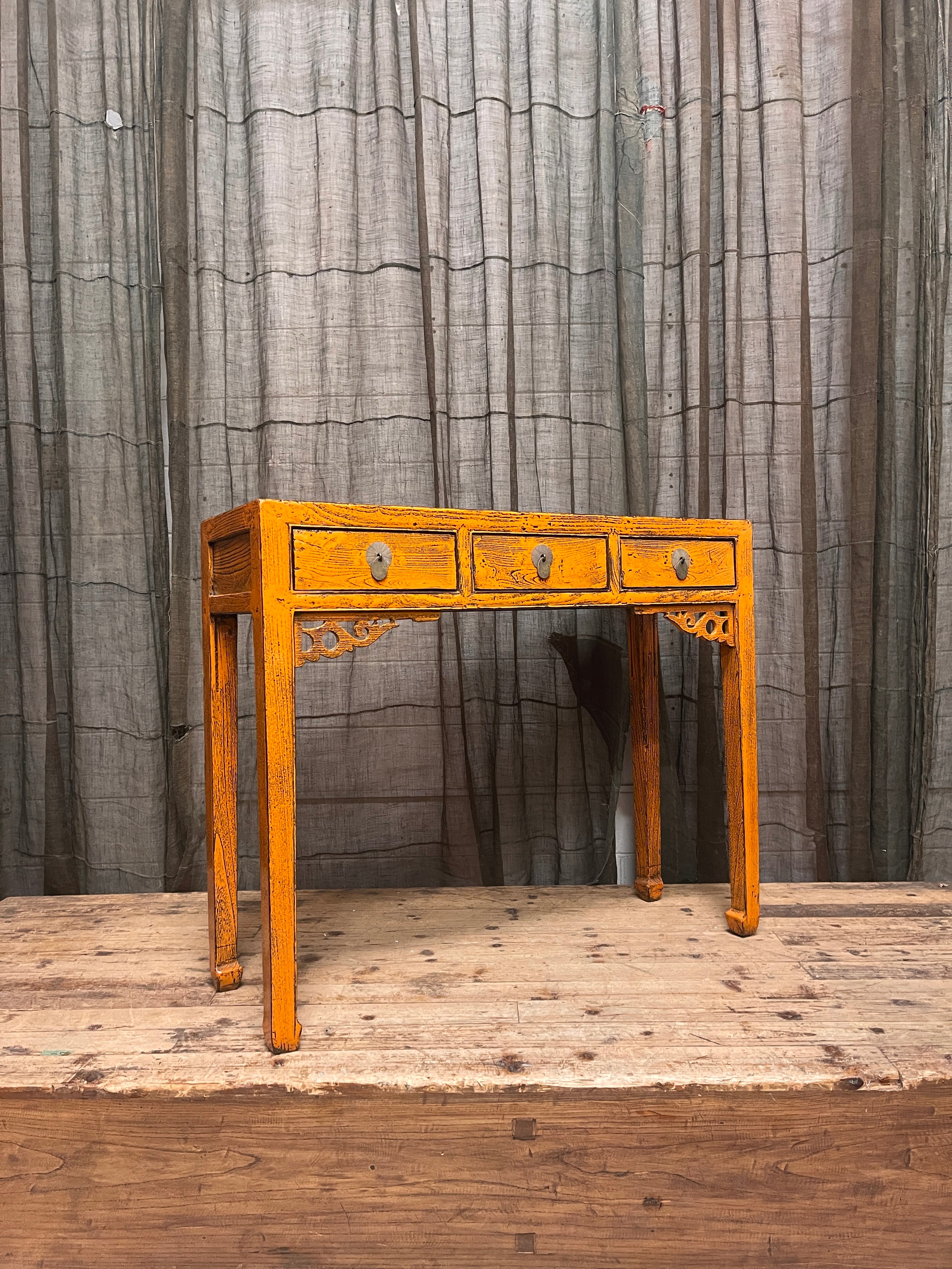 Antique Chinese Yellow Lacquered 3-Drawer Hall Table - Gansu, 1920s