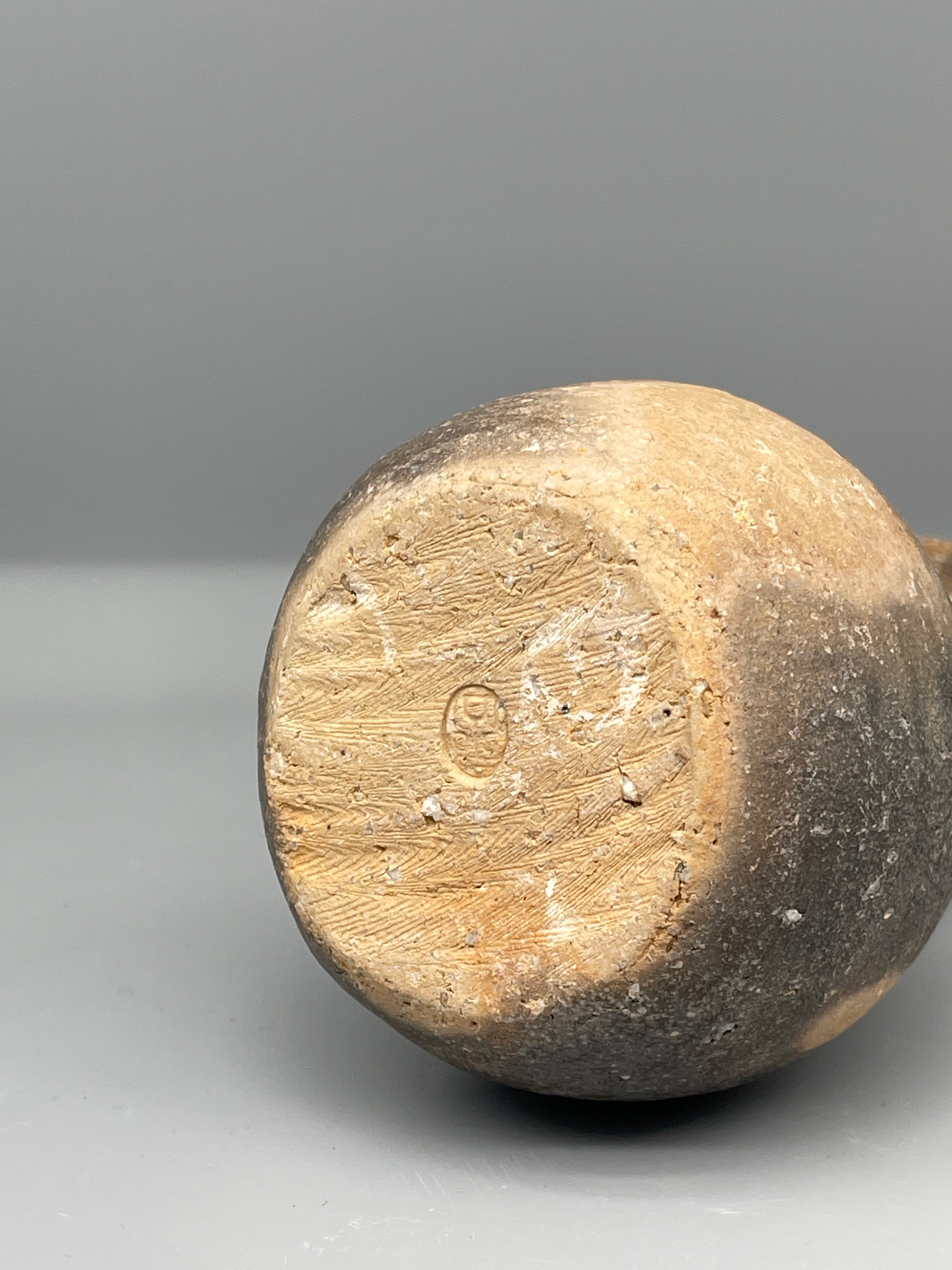 Vintage Japanese bizen flask, grey ash glaze, base with impressed mark