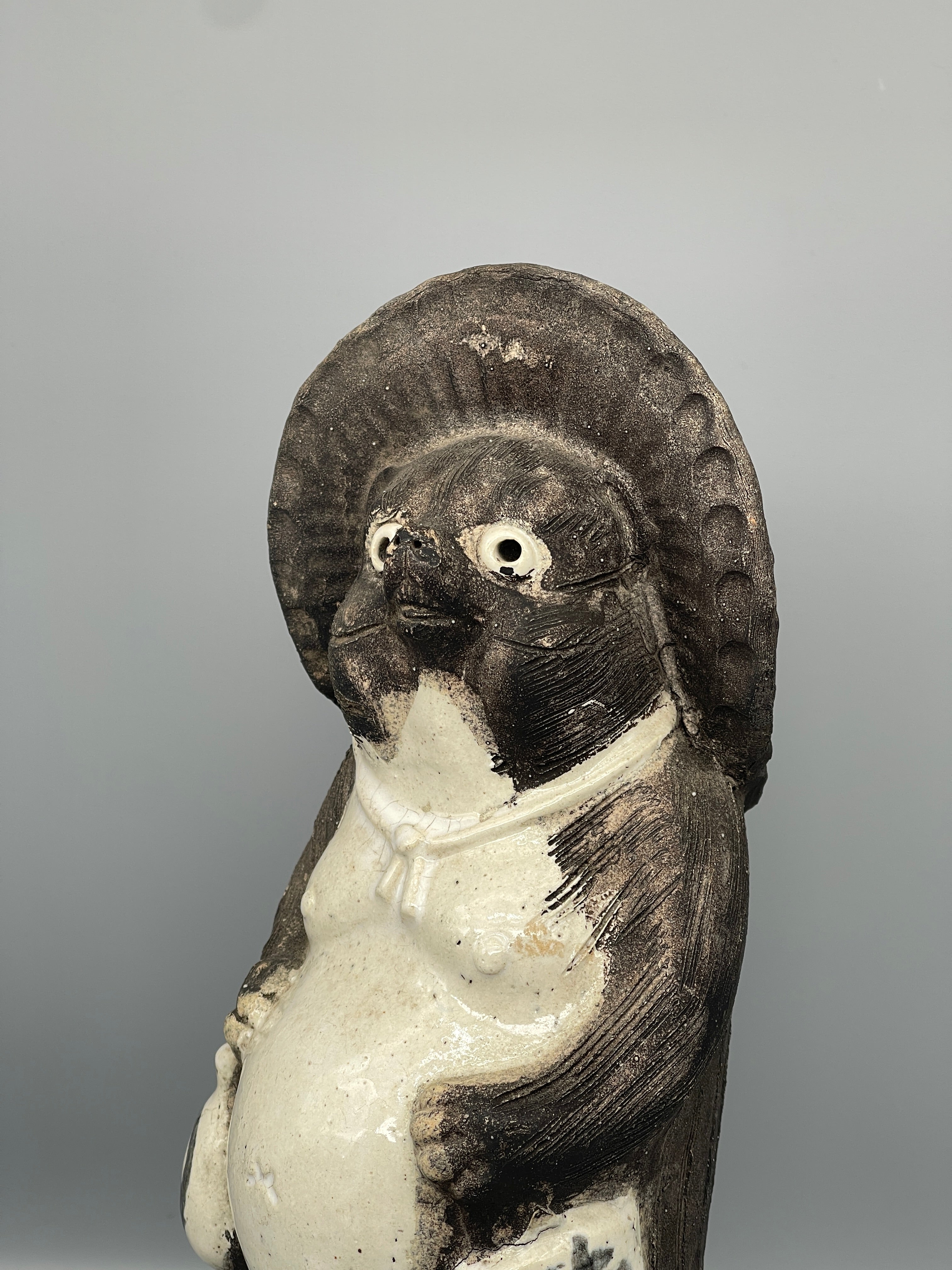 Tall Vintage Japanese Ceramic Tanuki Statue, Black & Cream