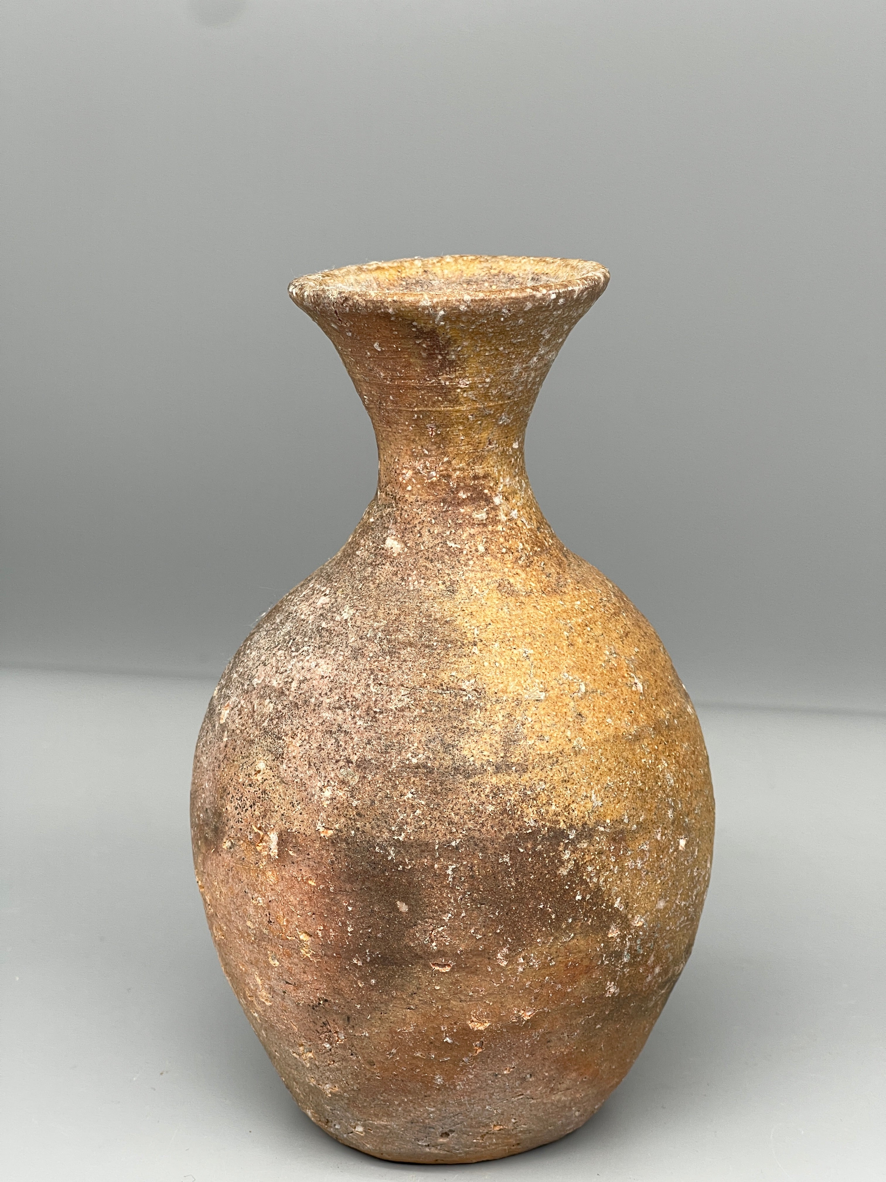 Vintage Japanese bizen flask, amber ash glaze, wide view