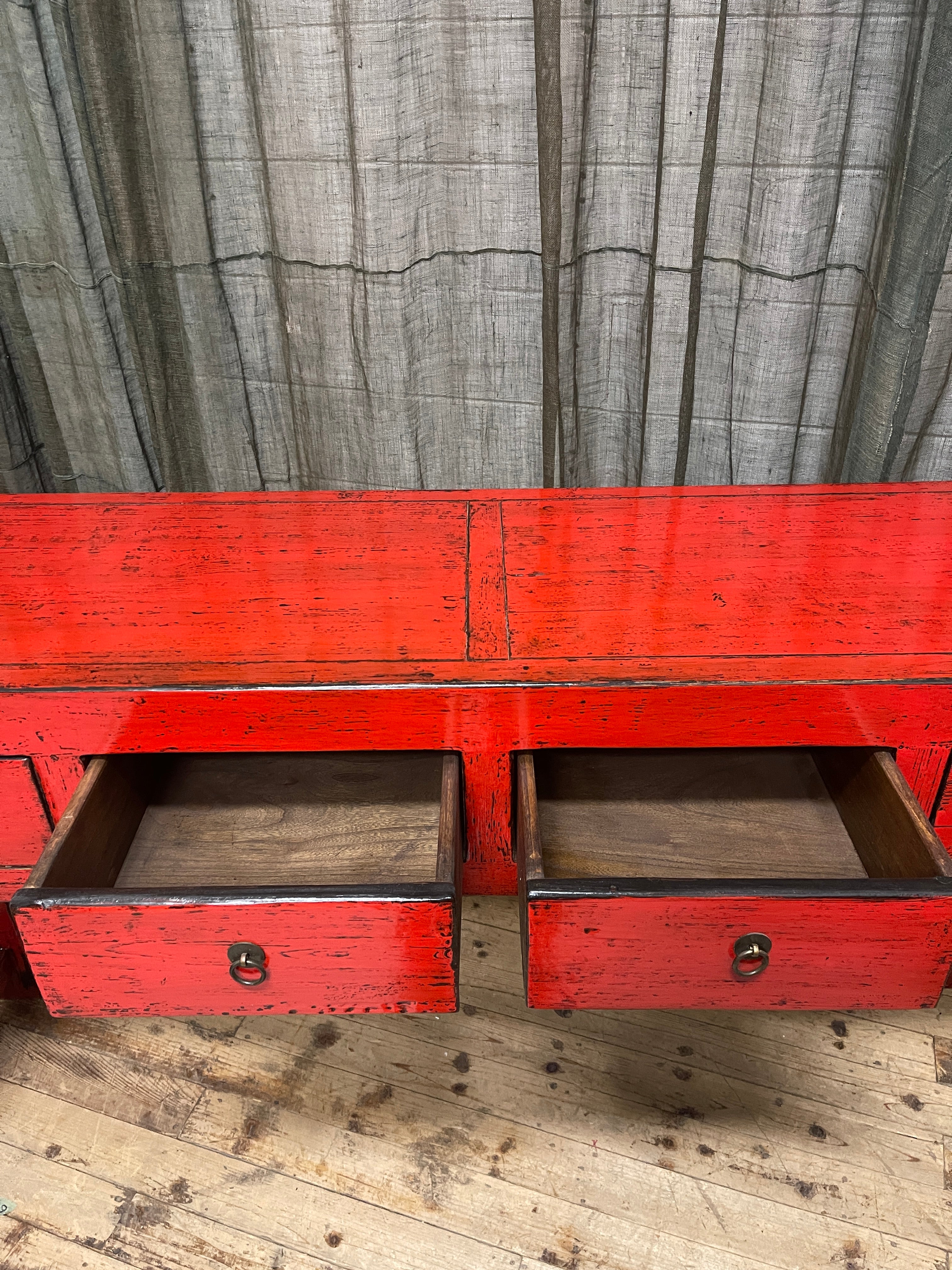 Chinese Red Lacquered 4-Drawer Hall Table