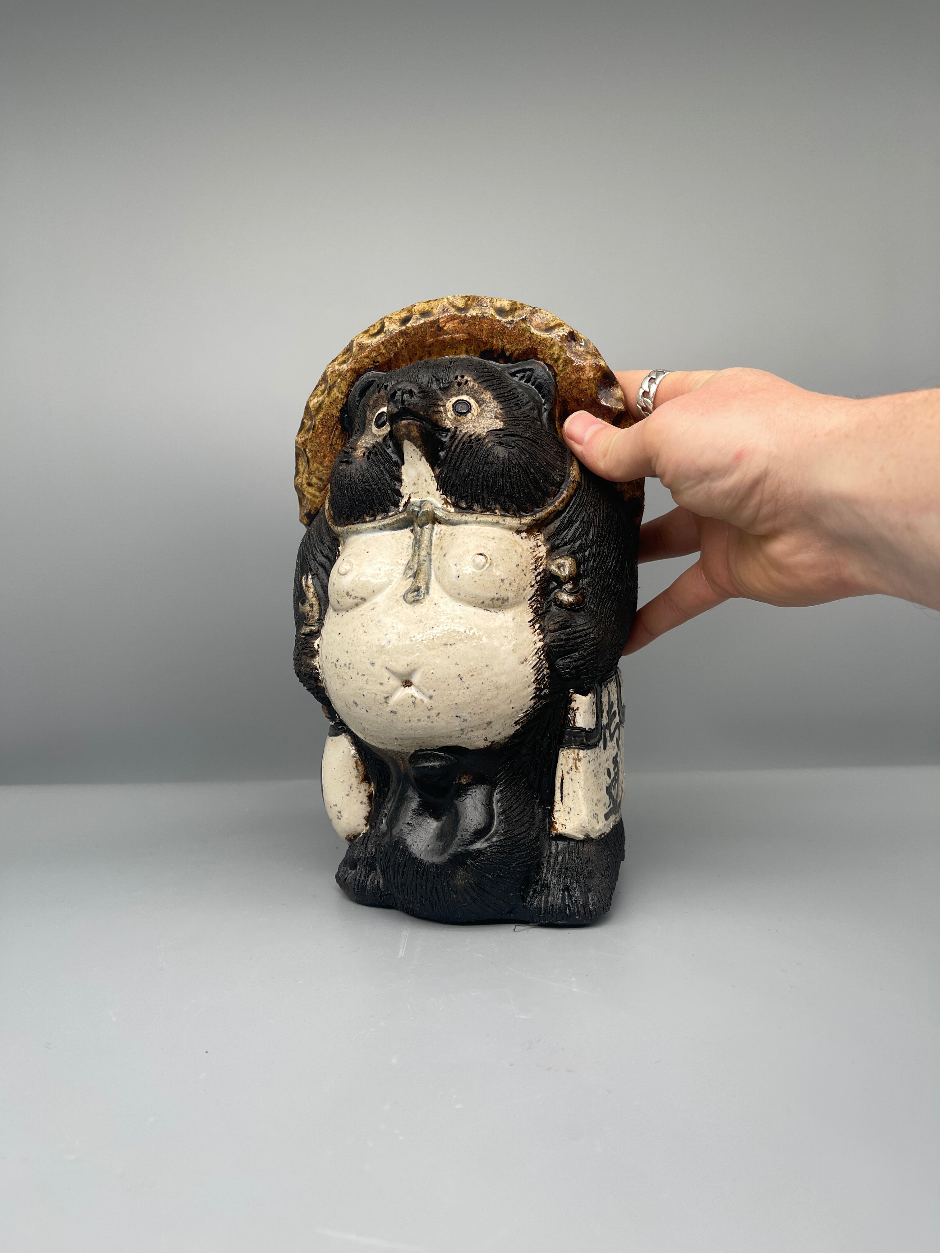 Vintage Japanese Ceramic Tanuki Statue, Black & Cream