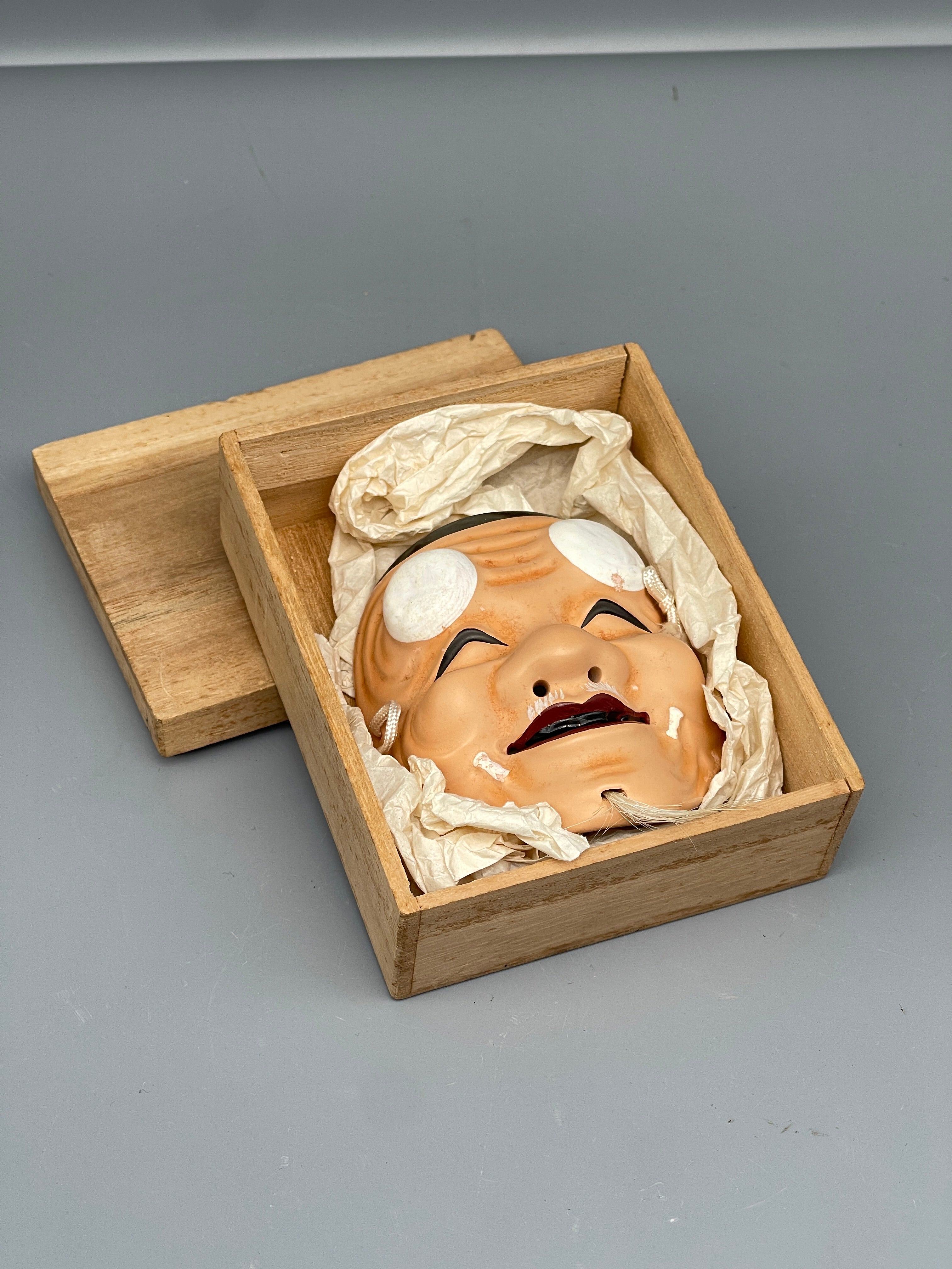 Vintage Japanese carved mask, old man, in box