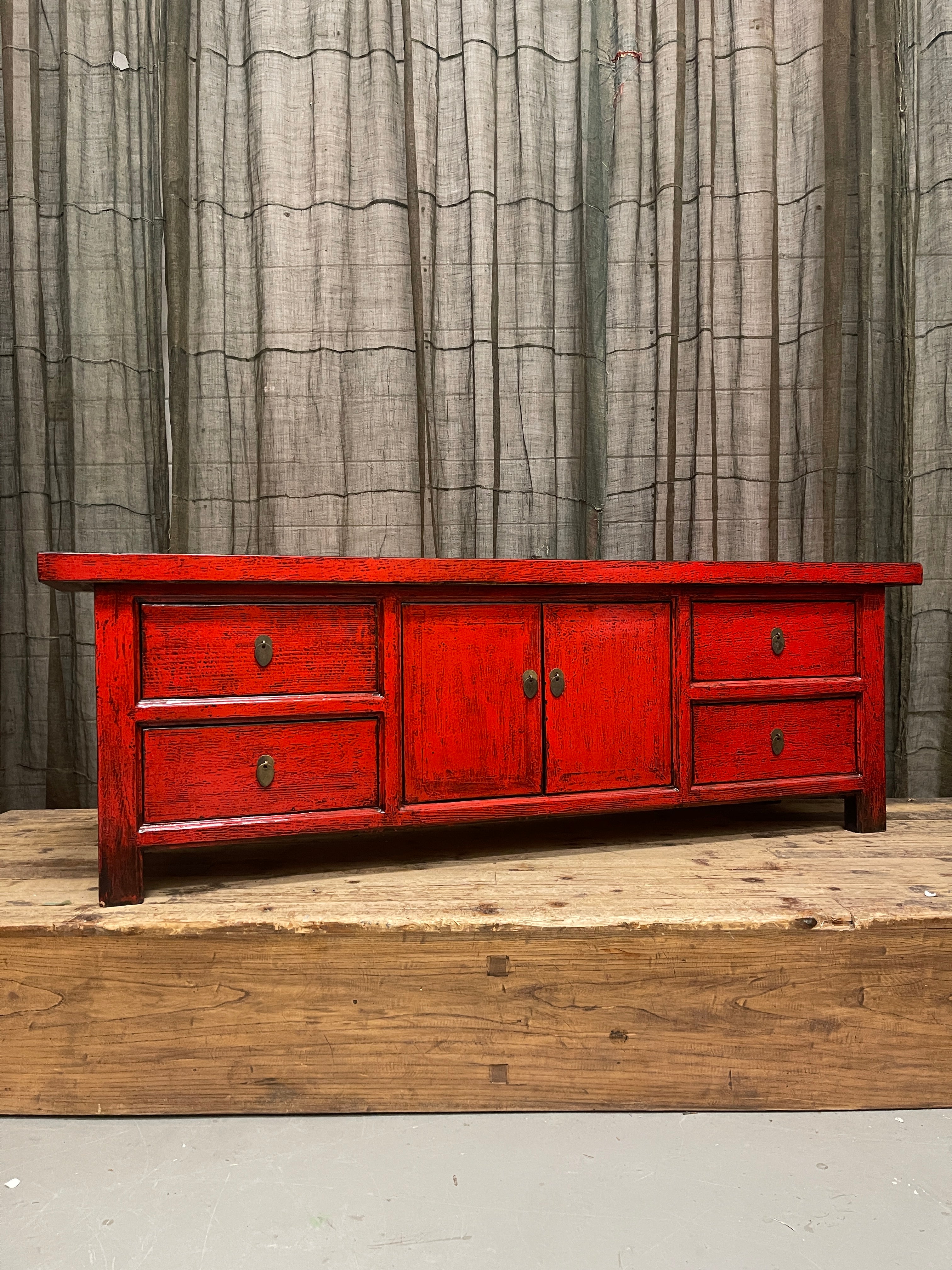 Chinese Red Lacquered Low Cabinet