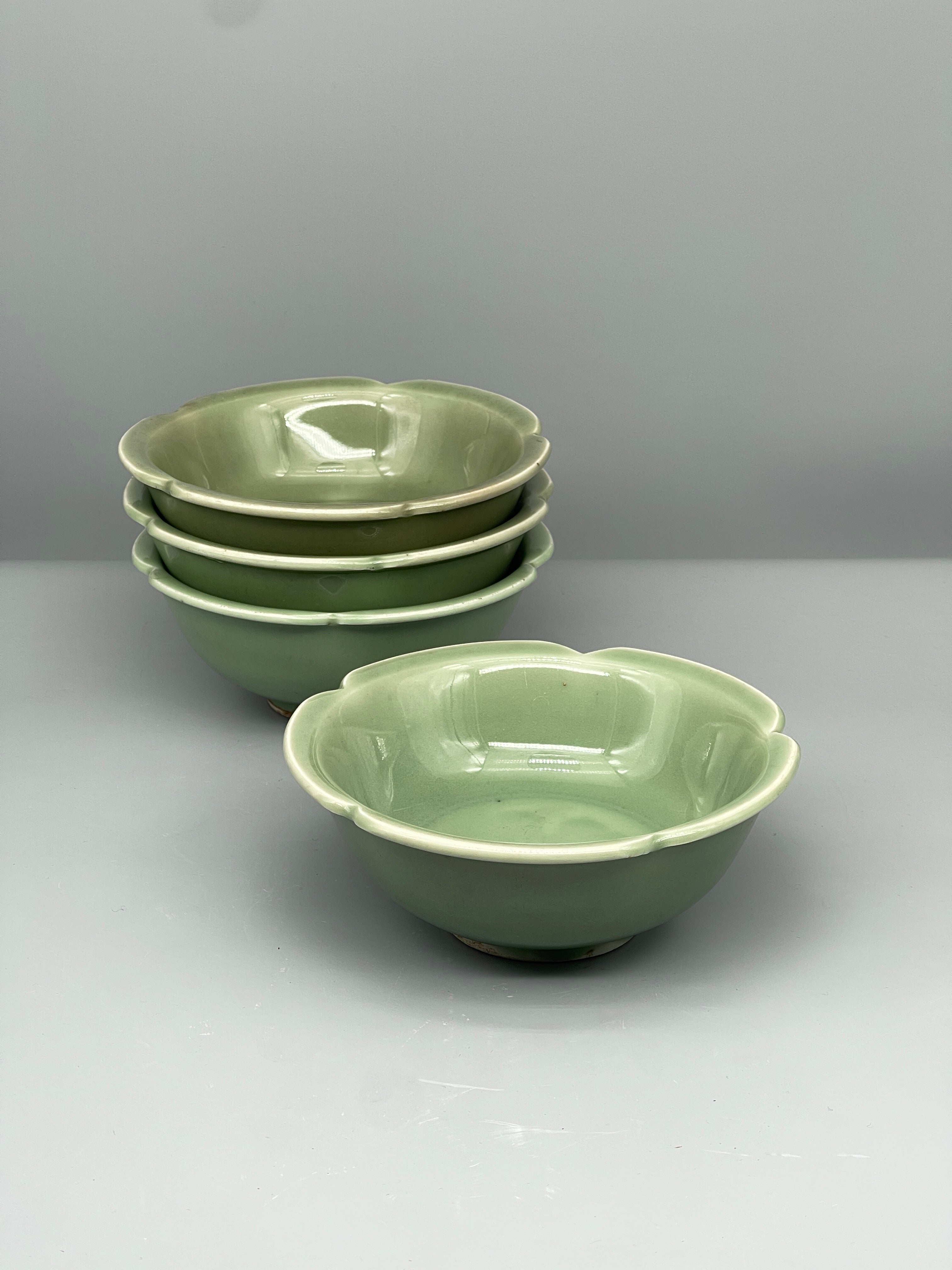 Vintage Japanese celadon lobed dishes, set of 4, stacked