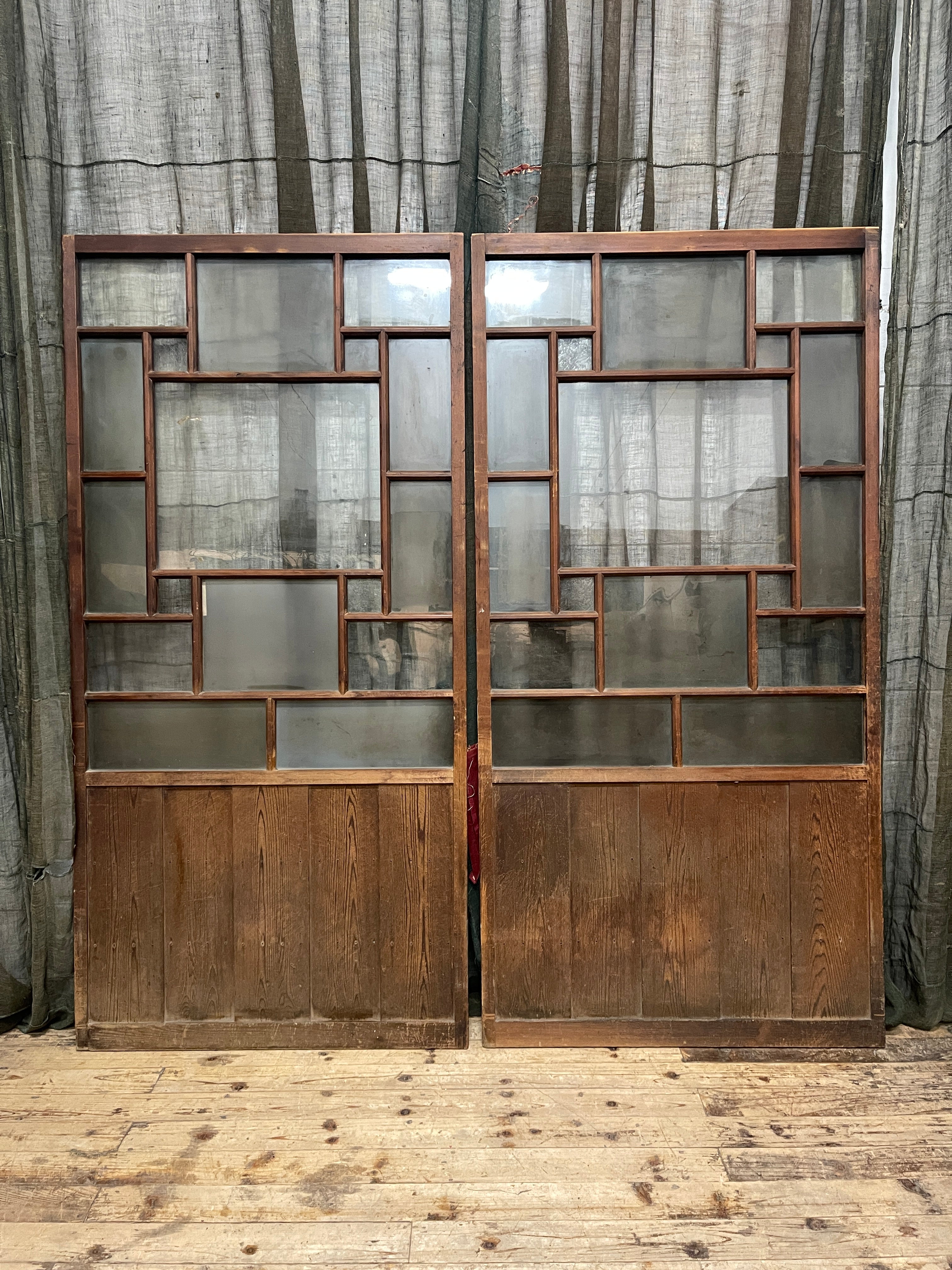 Retro Set of 2 Vintage Japanese Glass Sliding Doors | Taisho
