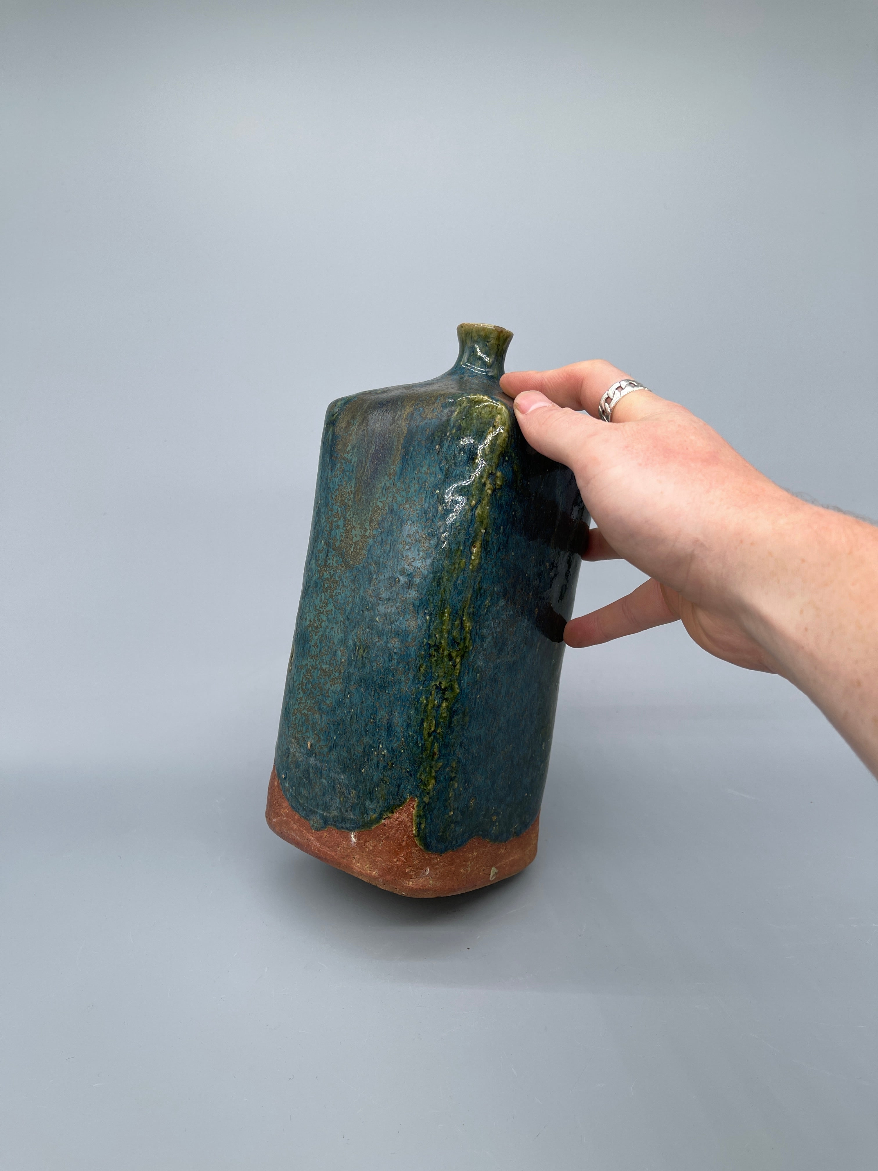 Vintage Japanese Ikebana Vase - Green & Blue Glaze