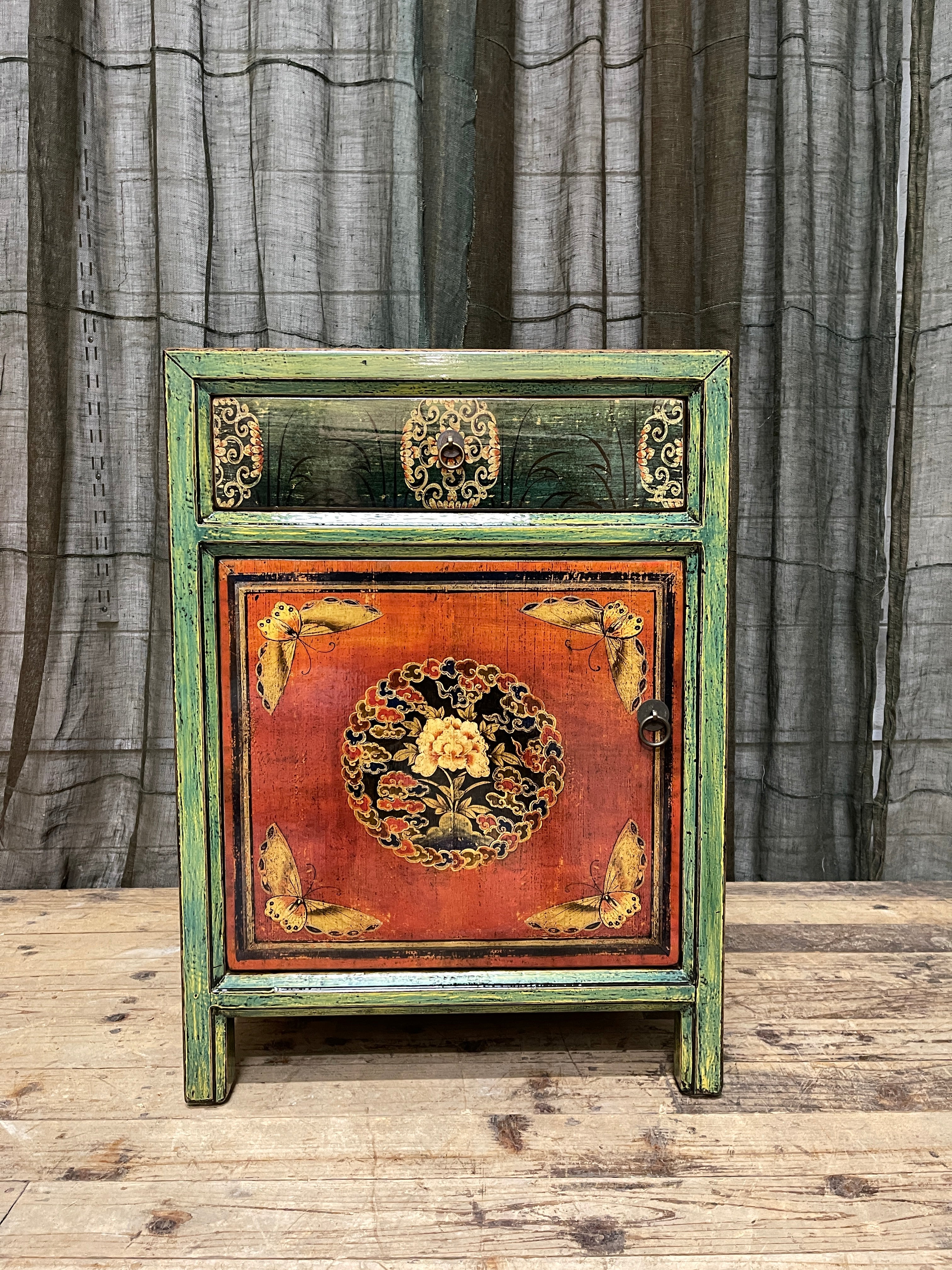 Provincial Style Chinese Green Lacquered Side Cabinet